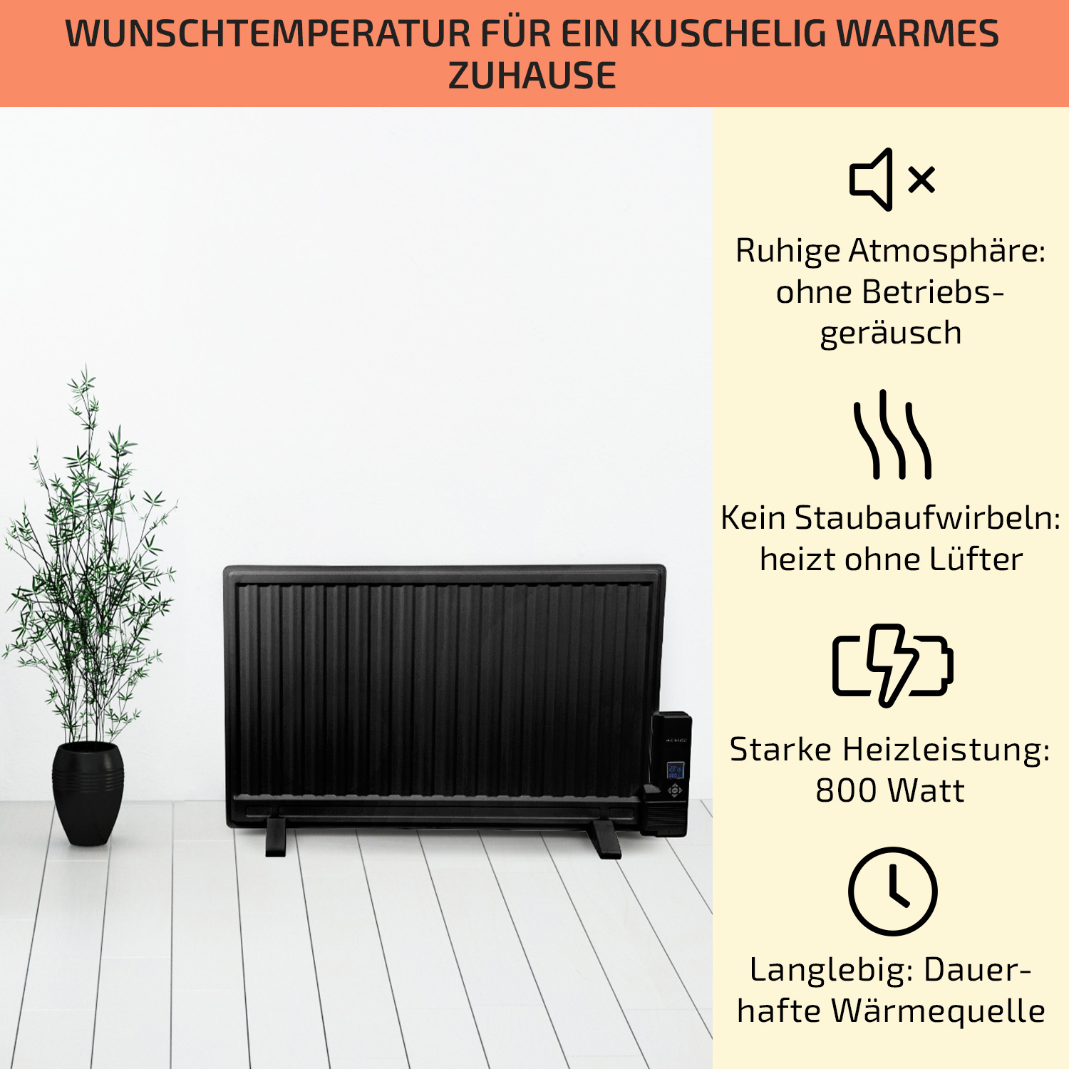 Schwarzer Heizkörper mit einer Pflanze daneben. Text auf Deutsch beschreibt die Eigenschaften.