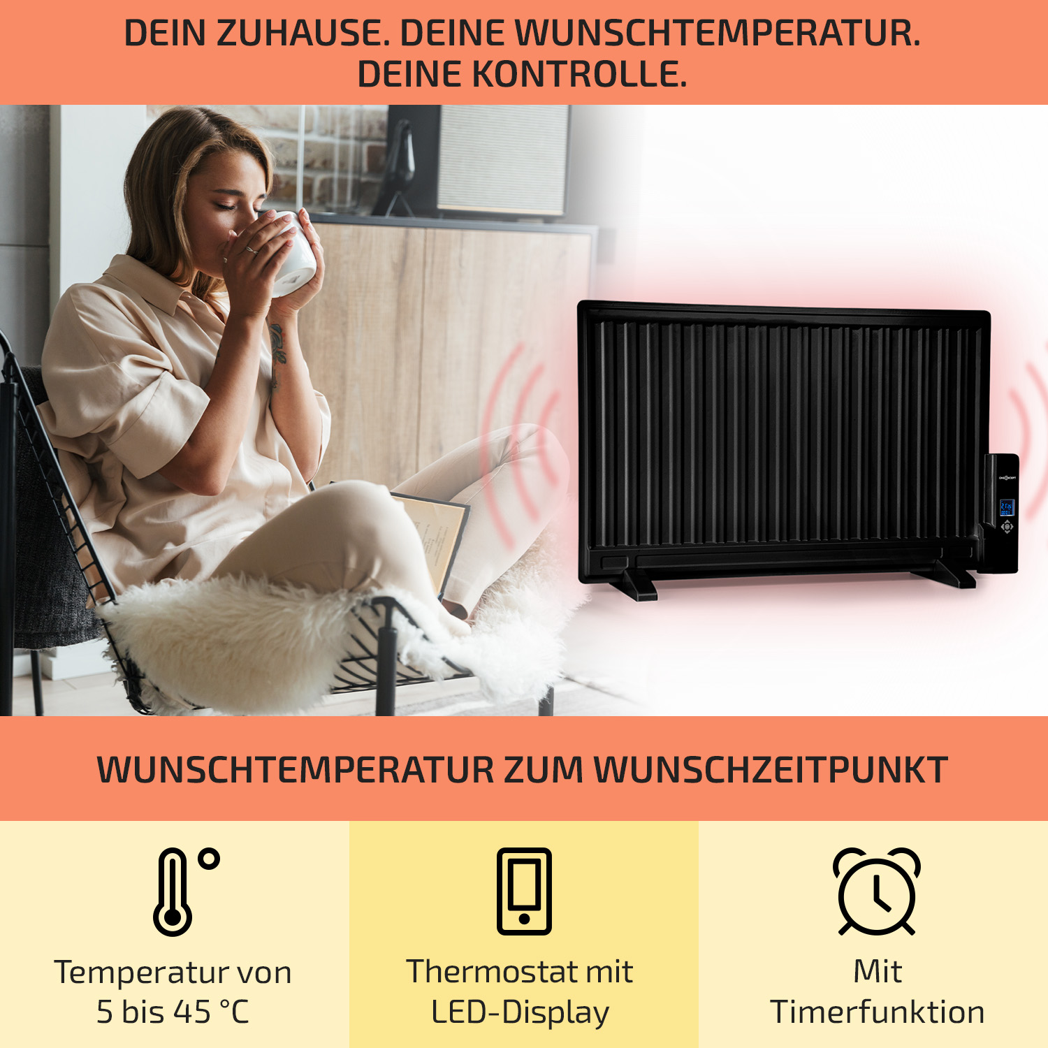 Frau mit Tasse am Heizkörper. Text über Temperaturregelung und Timer.