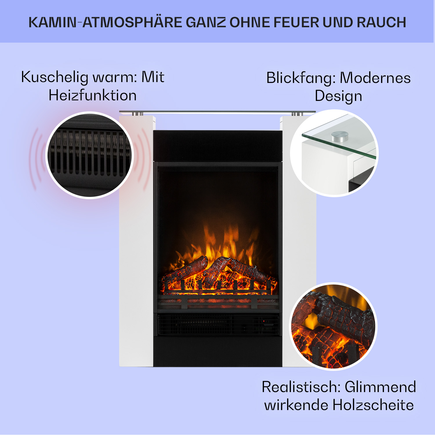 Ein elektrischer Kamin, schwarz mit unechten brennenden Holzscheiten. Text beschreibt es als warm und modern.