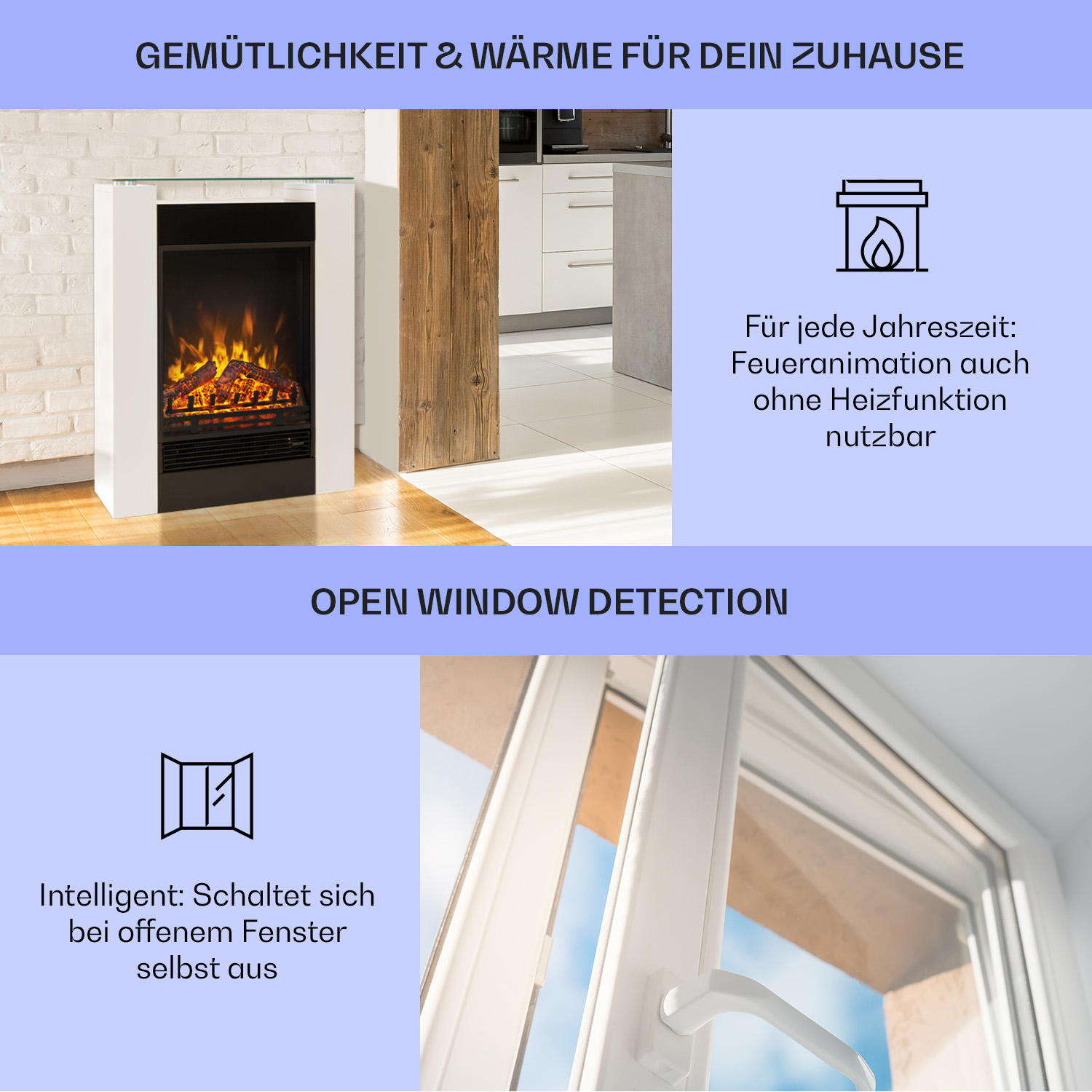 Ein weißer elektrischer Kamin mit Feueranimation und einem Fenster.