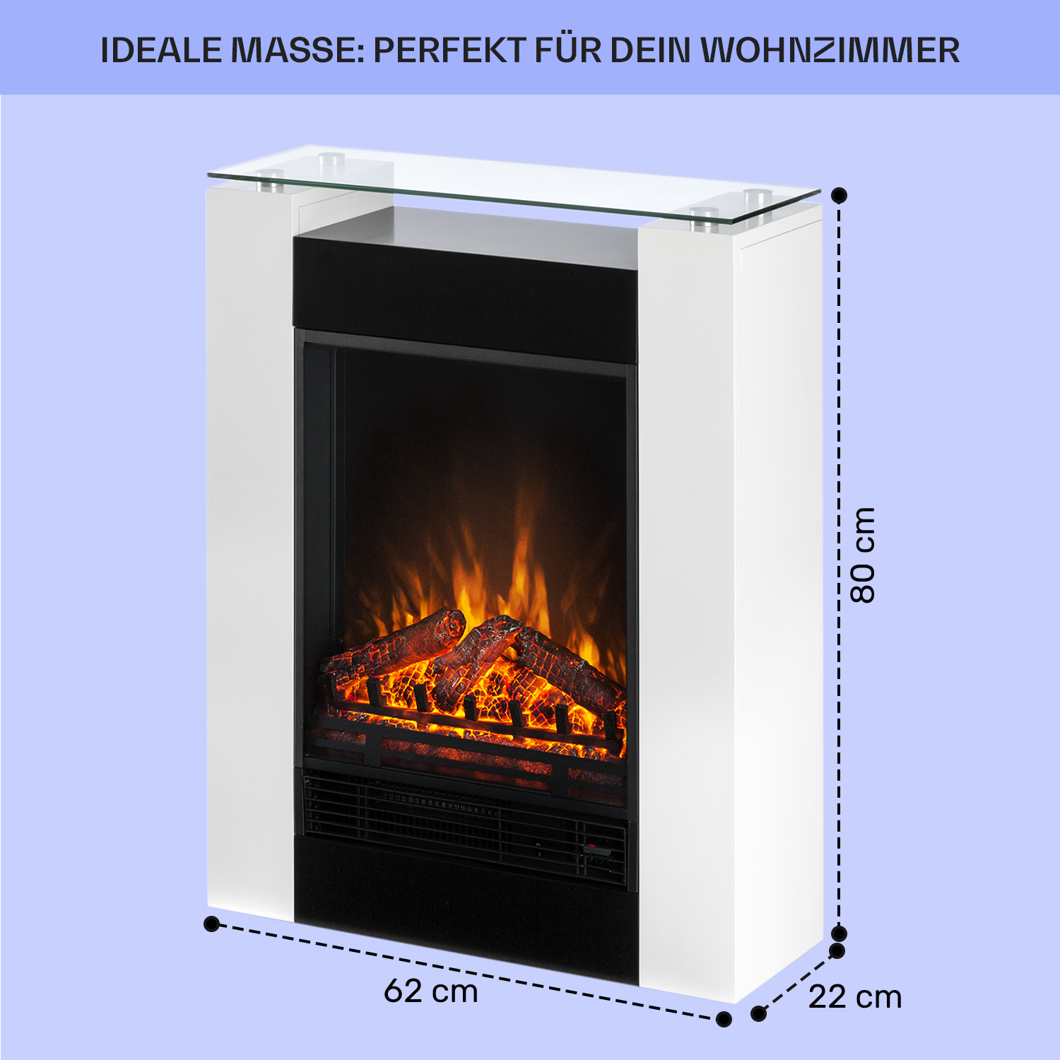 Weiß-schwarzer Kamin. Glasplatte, schwarzes Innere mit Flammen, weißer Rahmen. Abmessungen angegeben.