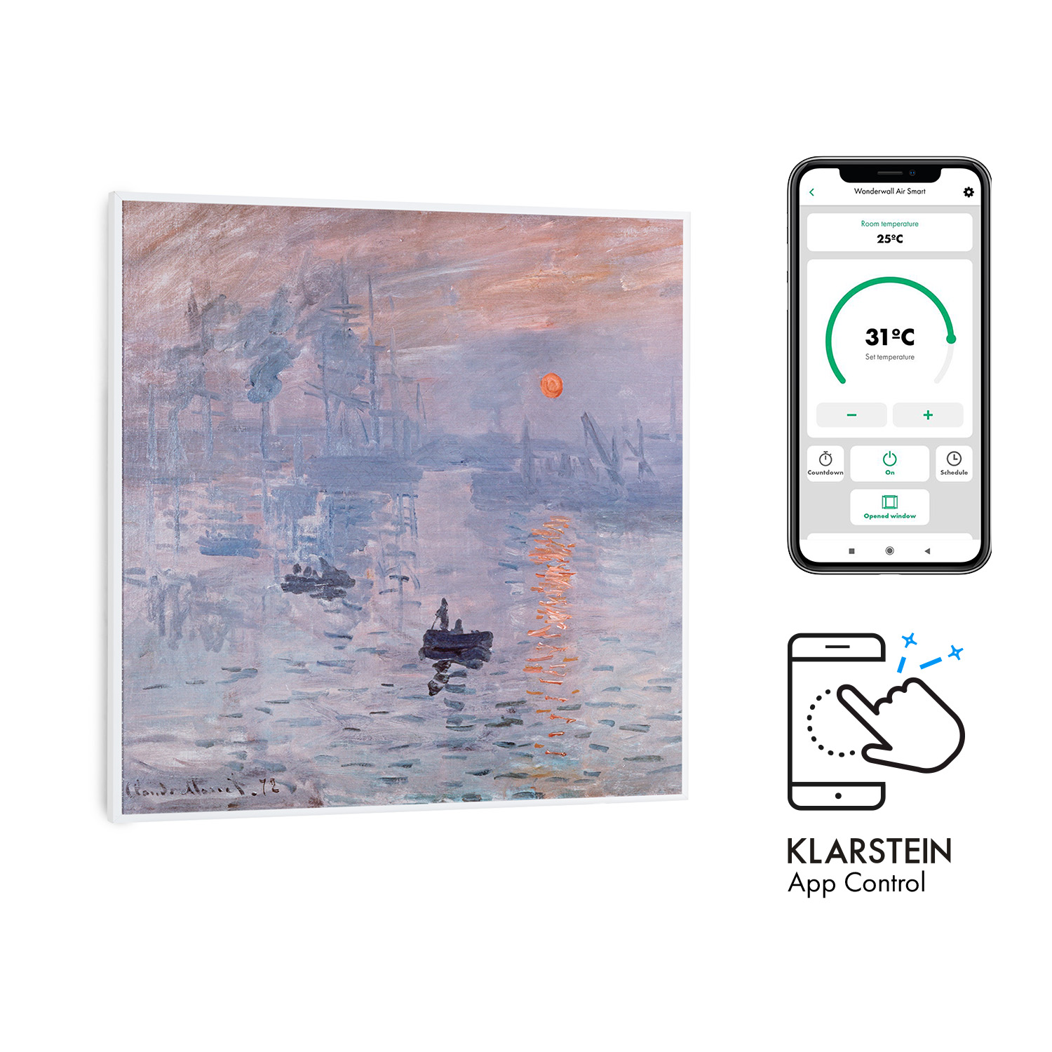 Gemälde im Monet-Stil, ein Telefon mit App und eine Hand, die einen Bildschirm berührt.