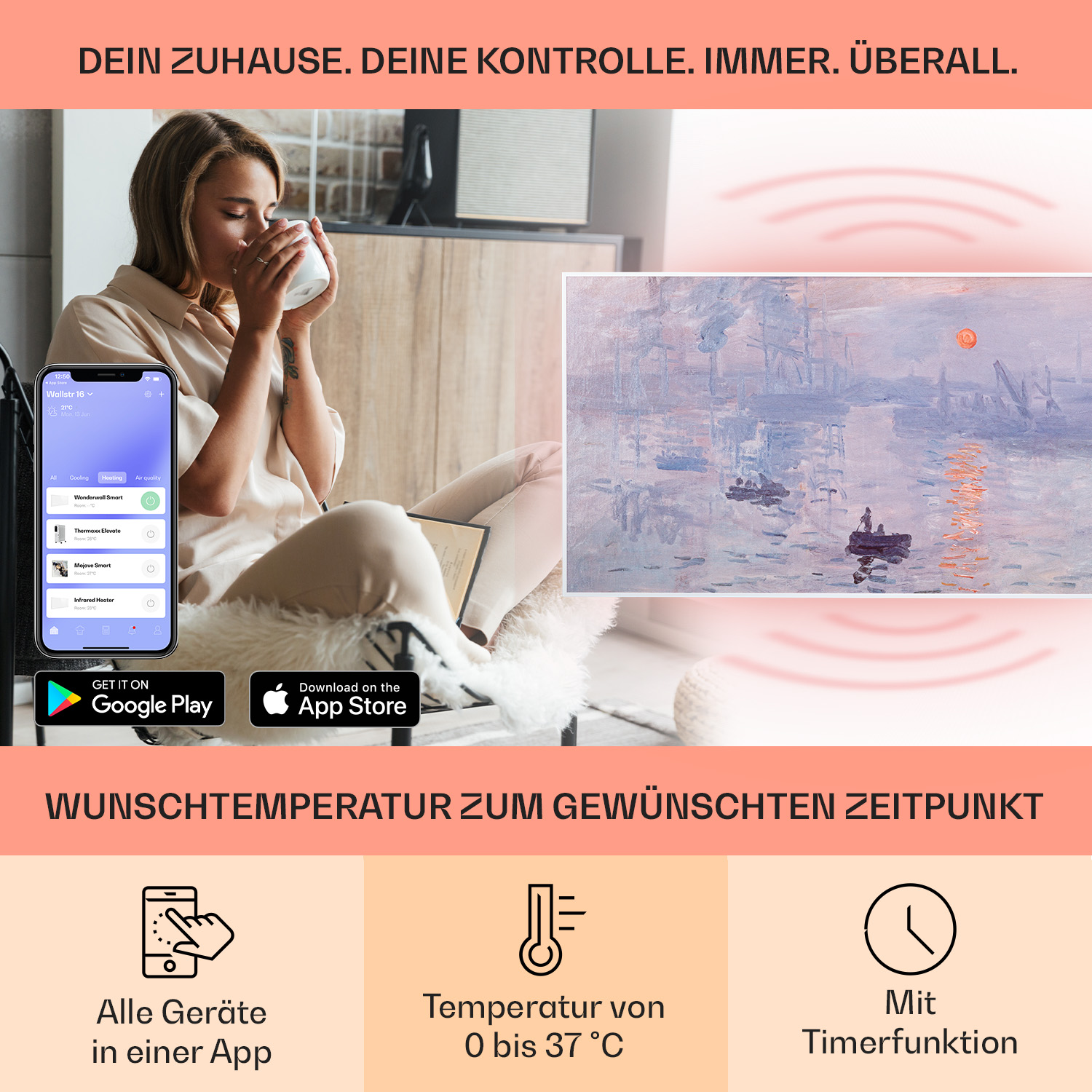 Una donna beve una bevanda mentre guarda un telefono che mostra un'app, con un dipinto sullo sfondo.