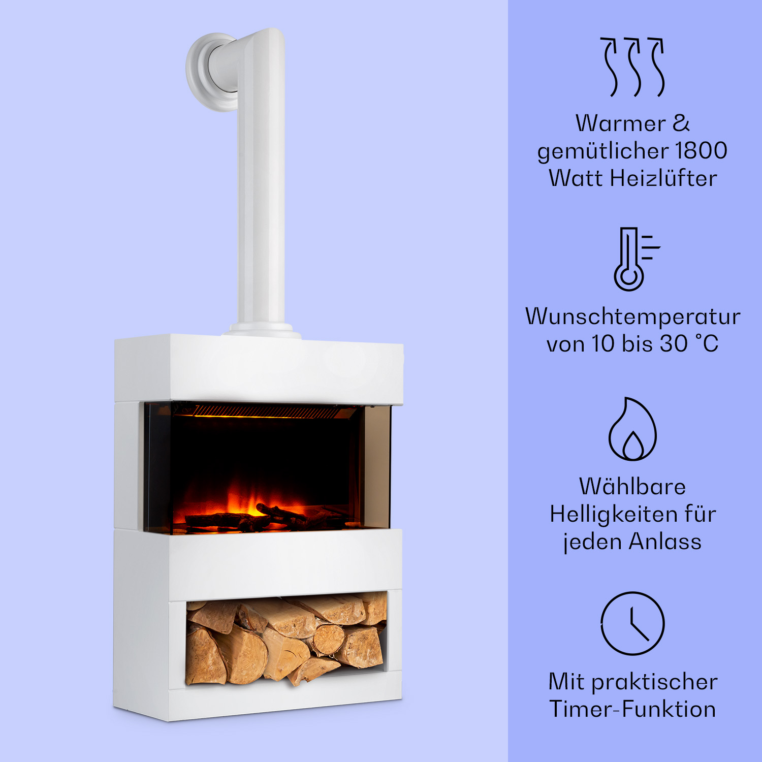 Elektrischer Kamin mit beschreibendem Text. Er hat Holzscheite und ein weißes Gehäuse.