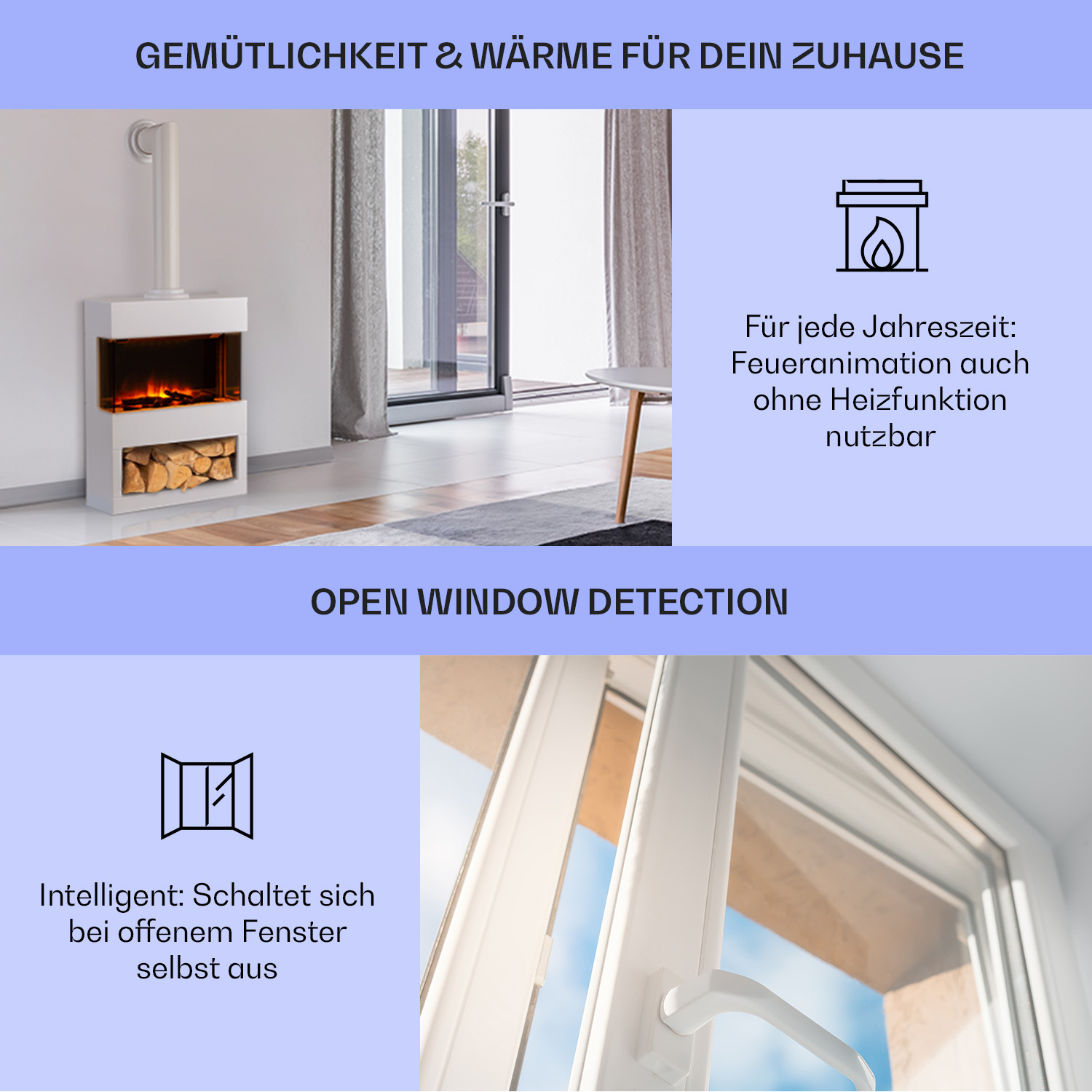 Ein moderner Kamin mit Text und Bildern.