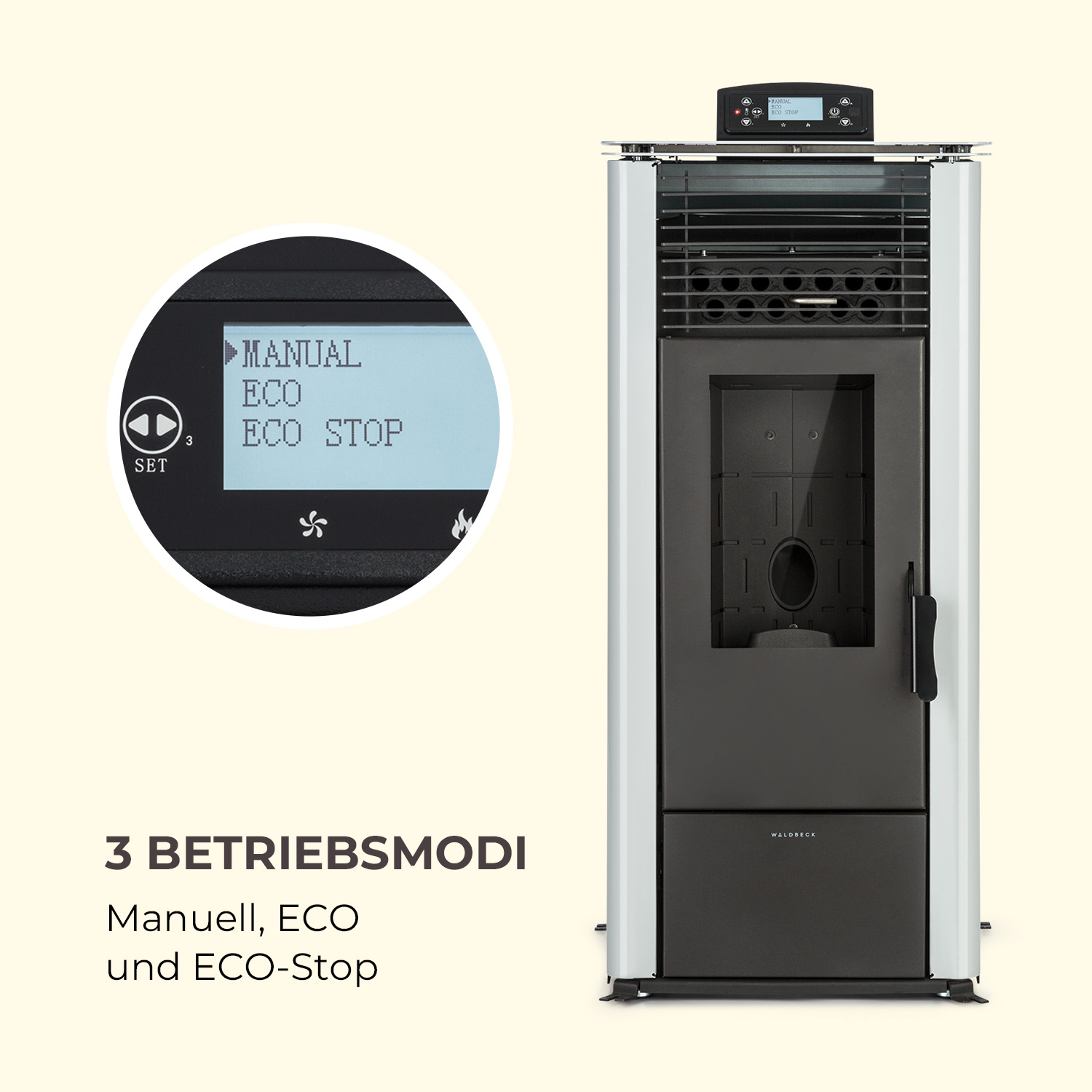 Ein Pelletofen mit Digitalanzeige, die 'MANUELL', 'ECO' und 'ECO STOP' anzeigt. Der Ofen ist silber und schwarz.