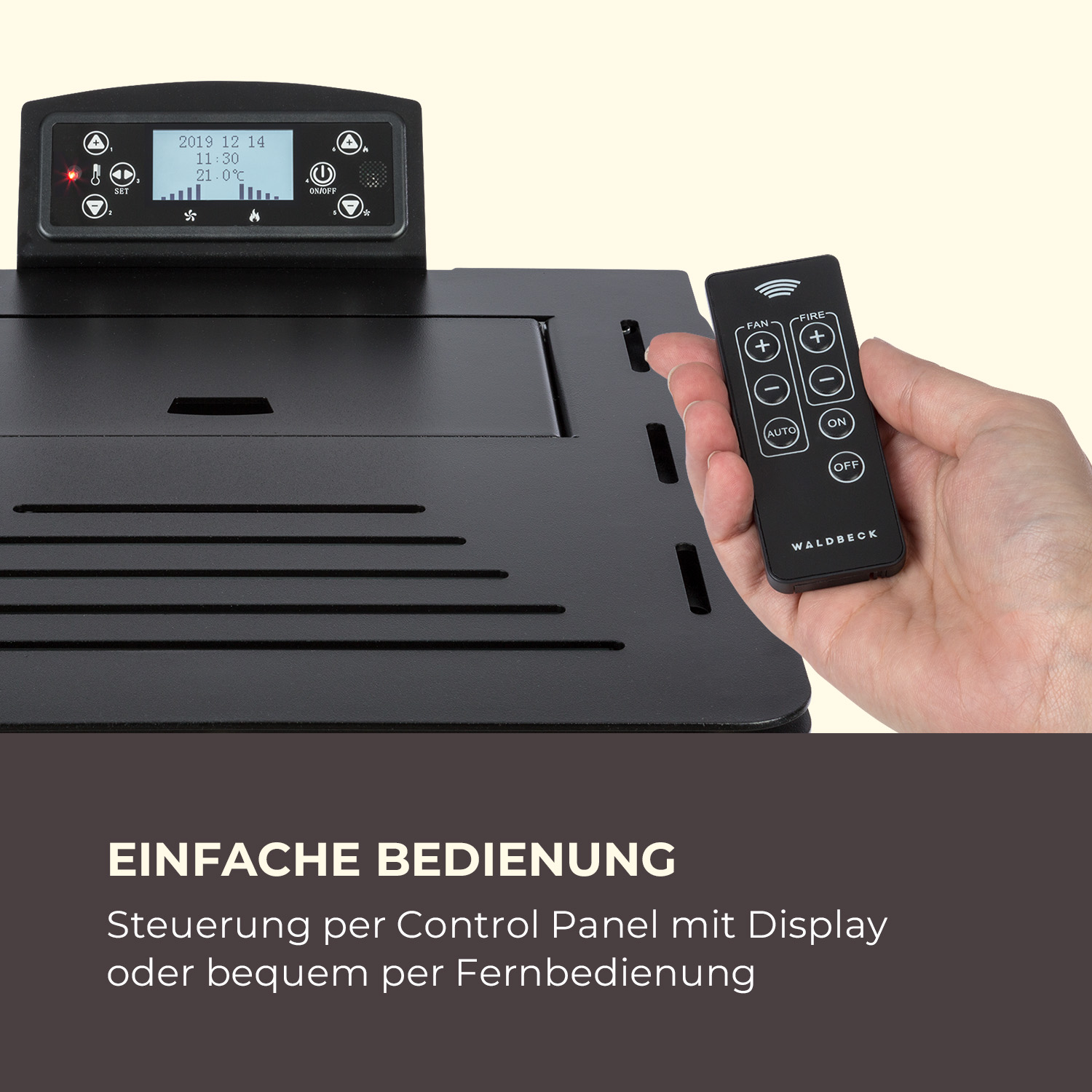 Ein schwarzes Bedienfeld mit Display, das Datum und Temperatur anzeigt. Eine Hand hält eine Fernbedienung. Text unten: 'Einfache Bedienung'.