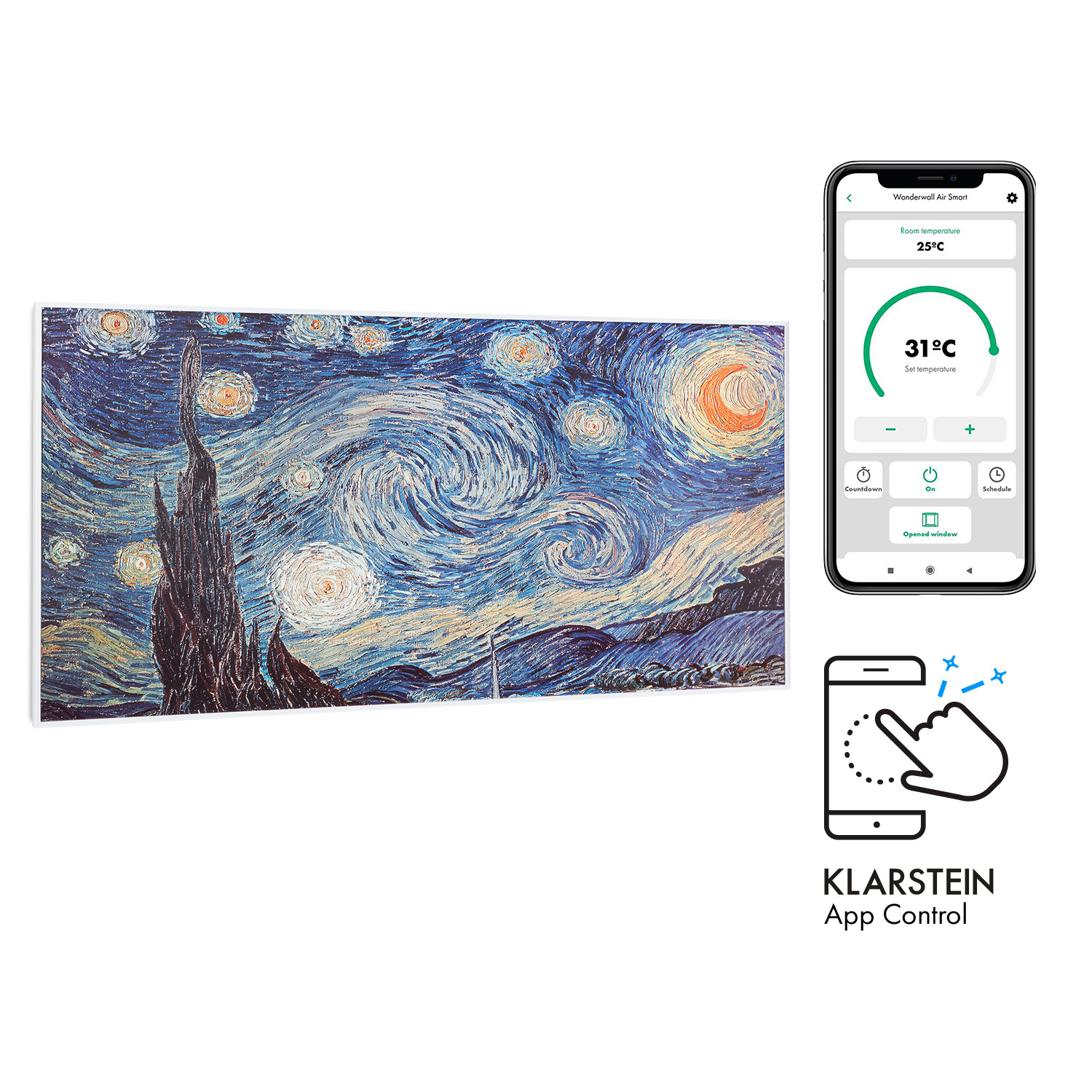 Gemälde von Sternennacht und ein Smartphone, das Temperatur und App-Steuerung anzeigt. Weißer Rahmen.