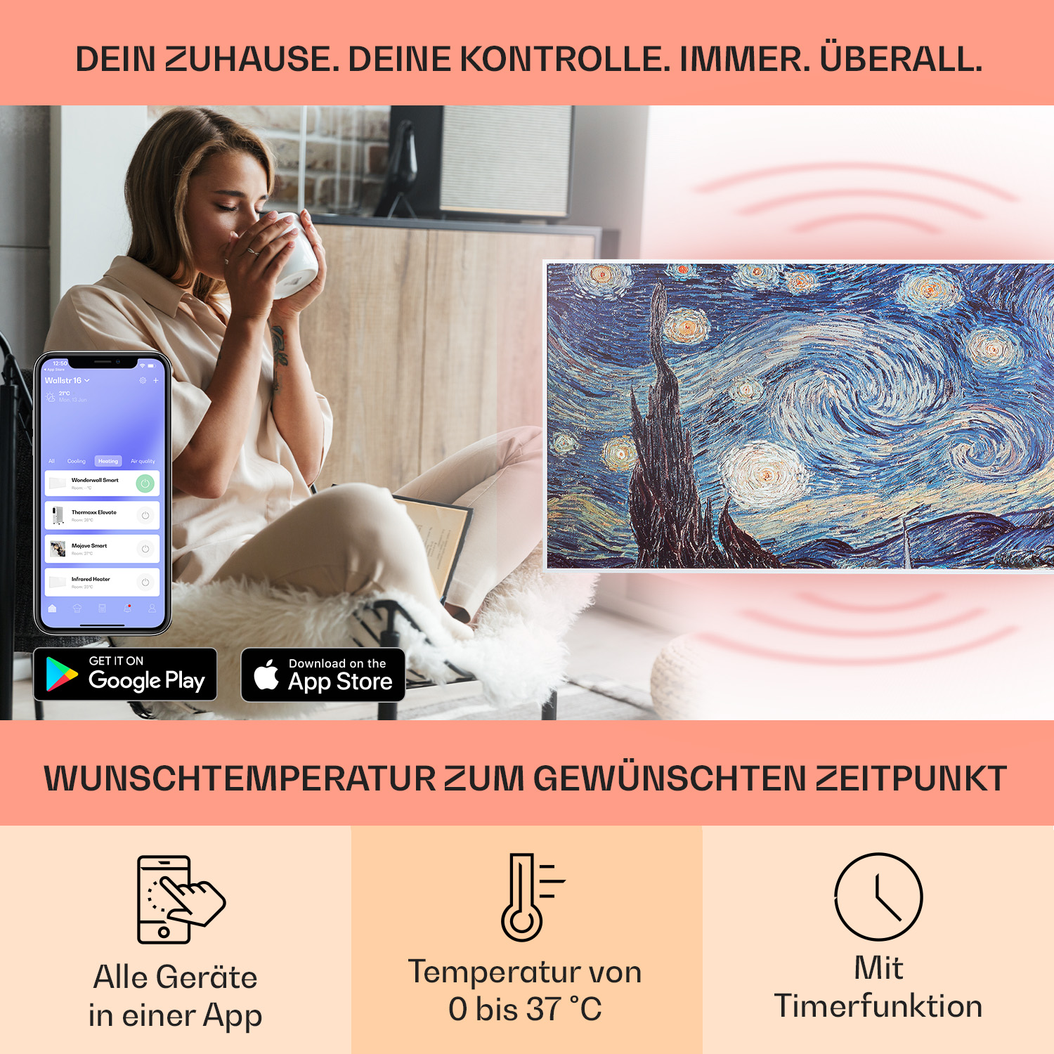 Frau mit Tasse, Telefon mit App, Sternennacht-Gemälde, Icons unten.