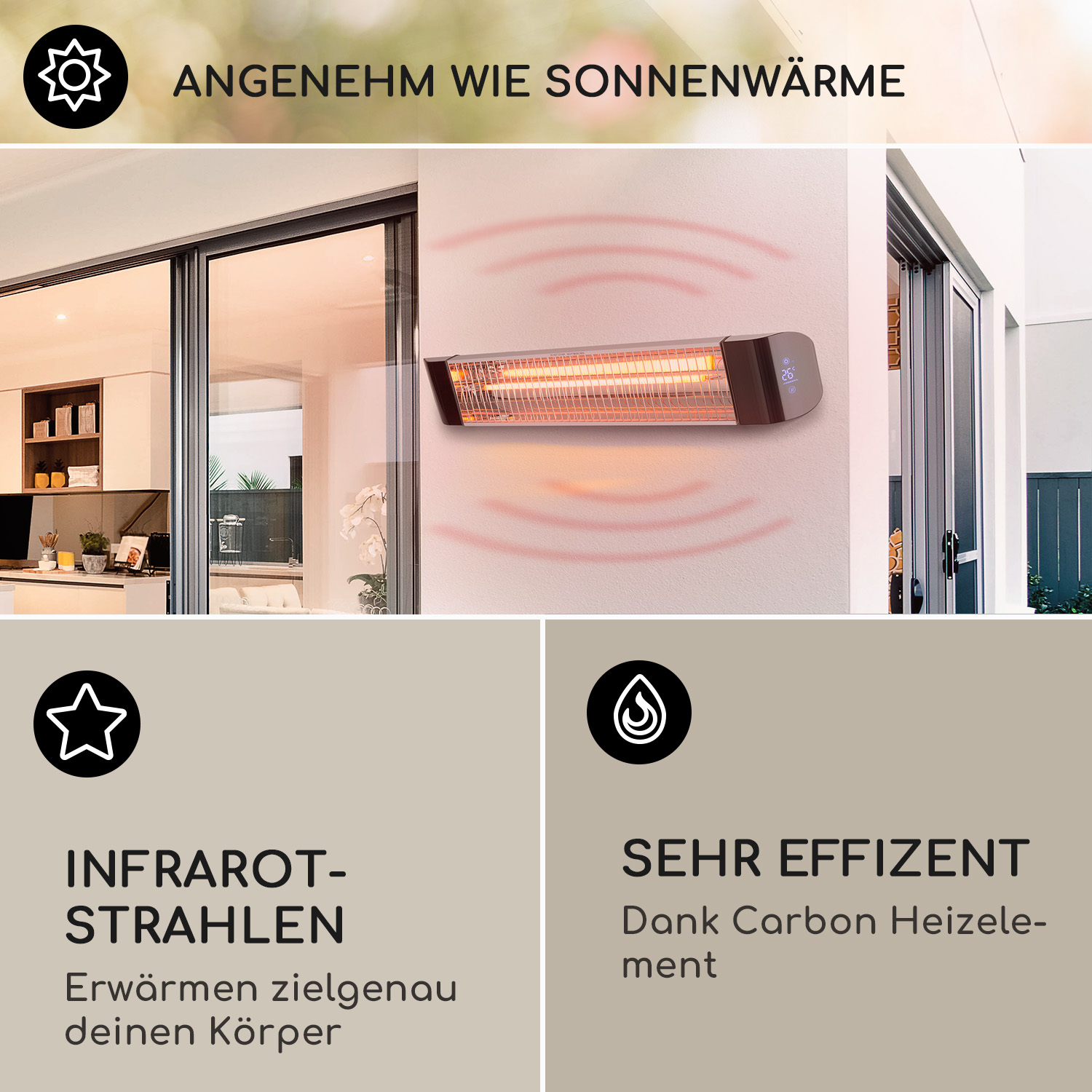 Wandheizung, die Wärme abstrahlt. Text: "Angenehm wie Sonnenschein", "Infrarotstrahlen" und "Sehr effizient."