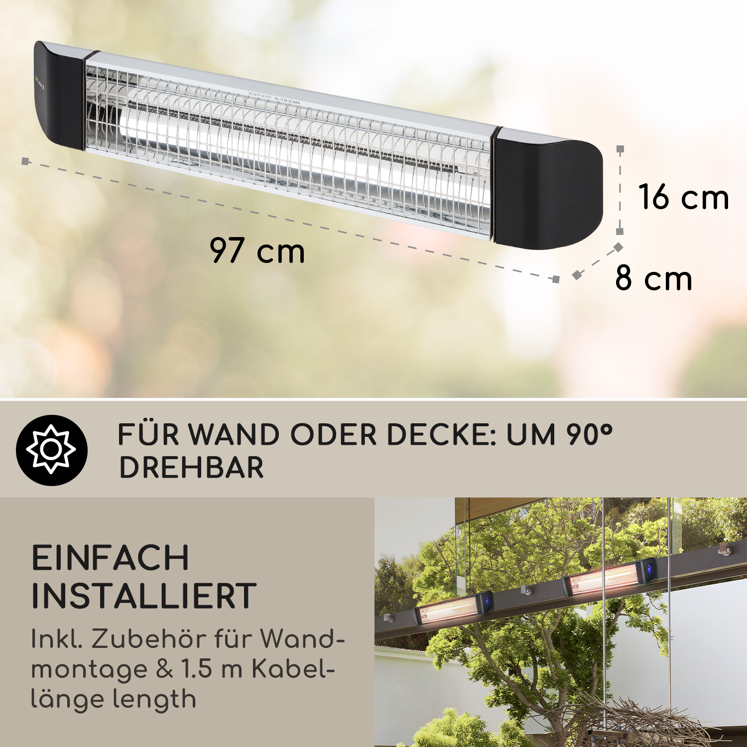 Ein silber-schwarzer Außenheizer. Abmessungen und Text auf Deutsch werden gezeigt.