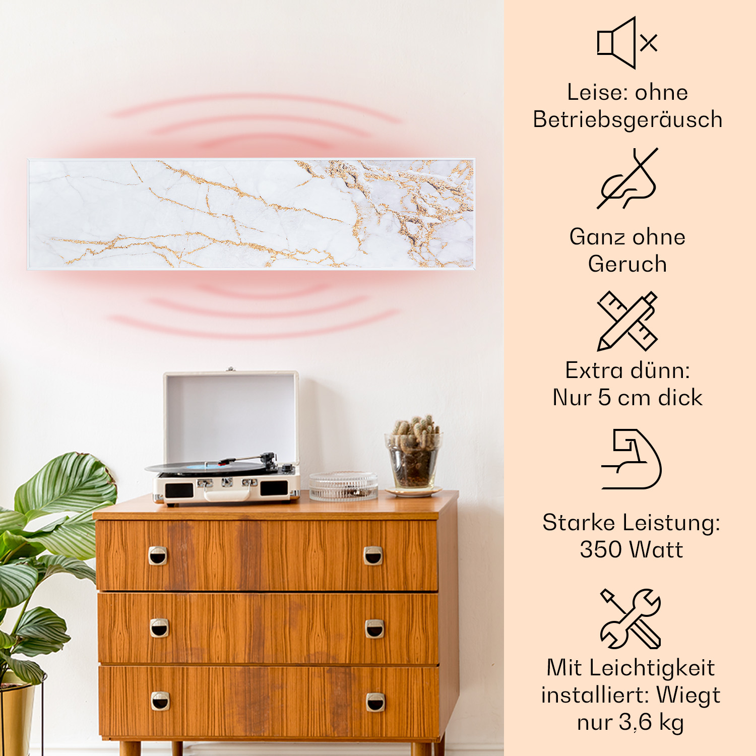 Weißer und goldener rechteckiger Heizkörper an einer Wand. Ein Vintage-Plattenspieler steht darunter auf einer Holzkommode.