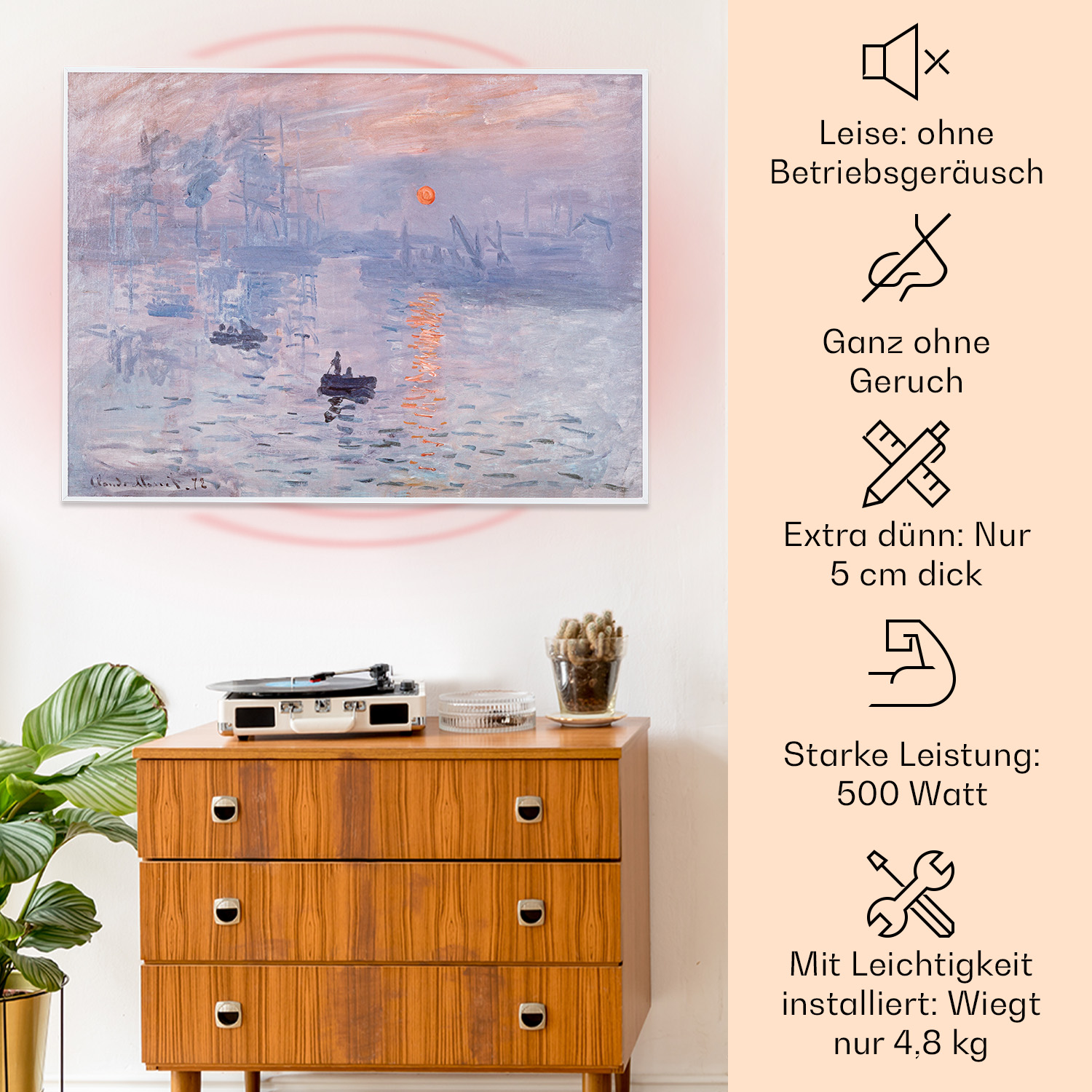 Ein Gemälde eines Sonnenuntergangs über einem Hafen mit Plattenspieler und Vase.