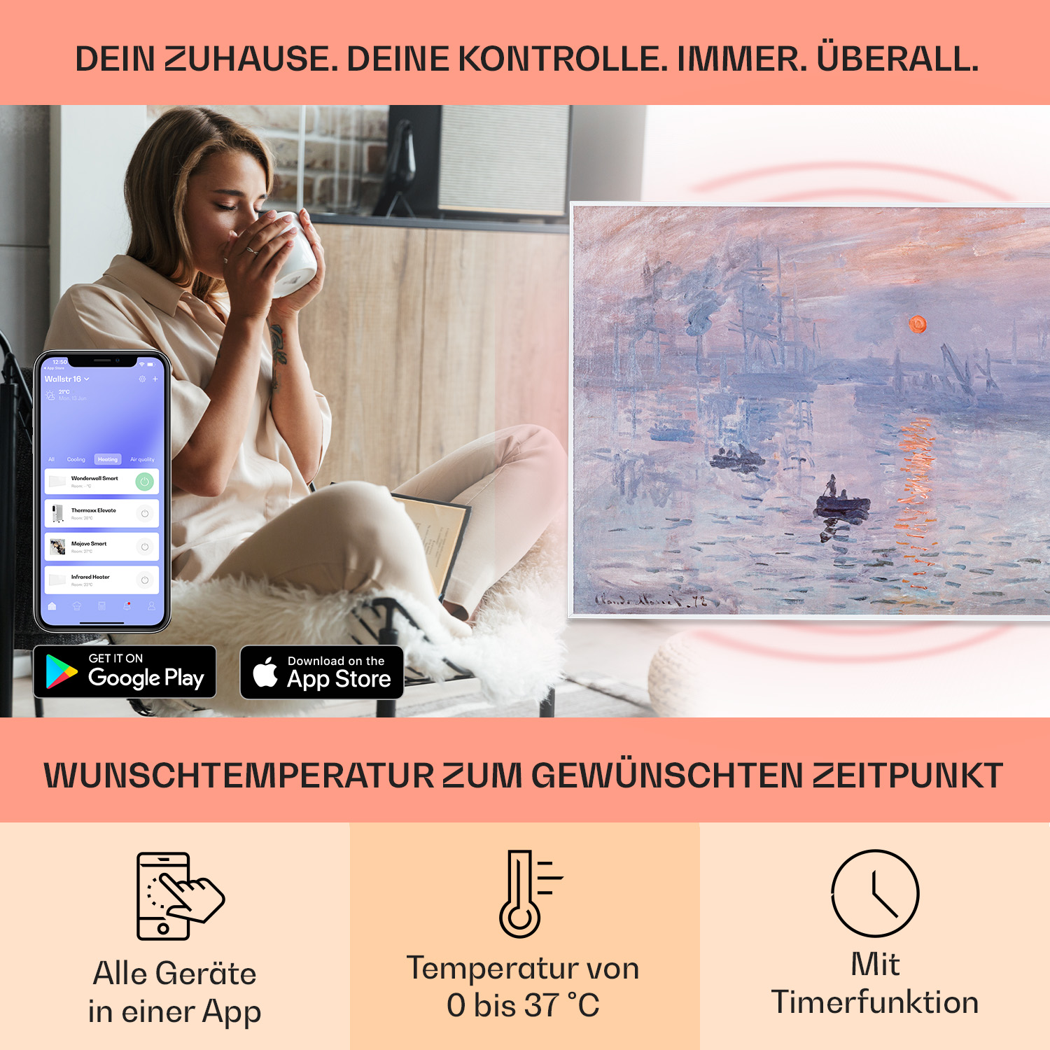 Frau benutzt Smartphone mit Smart-Home-App. Gemälde an der Wand mit Sonnenuntergang. Text: 'DEIN ZUHAUSE...'
