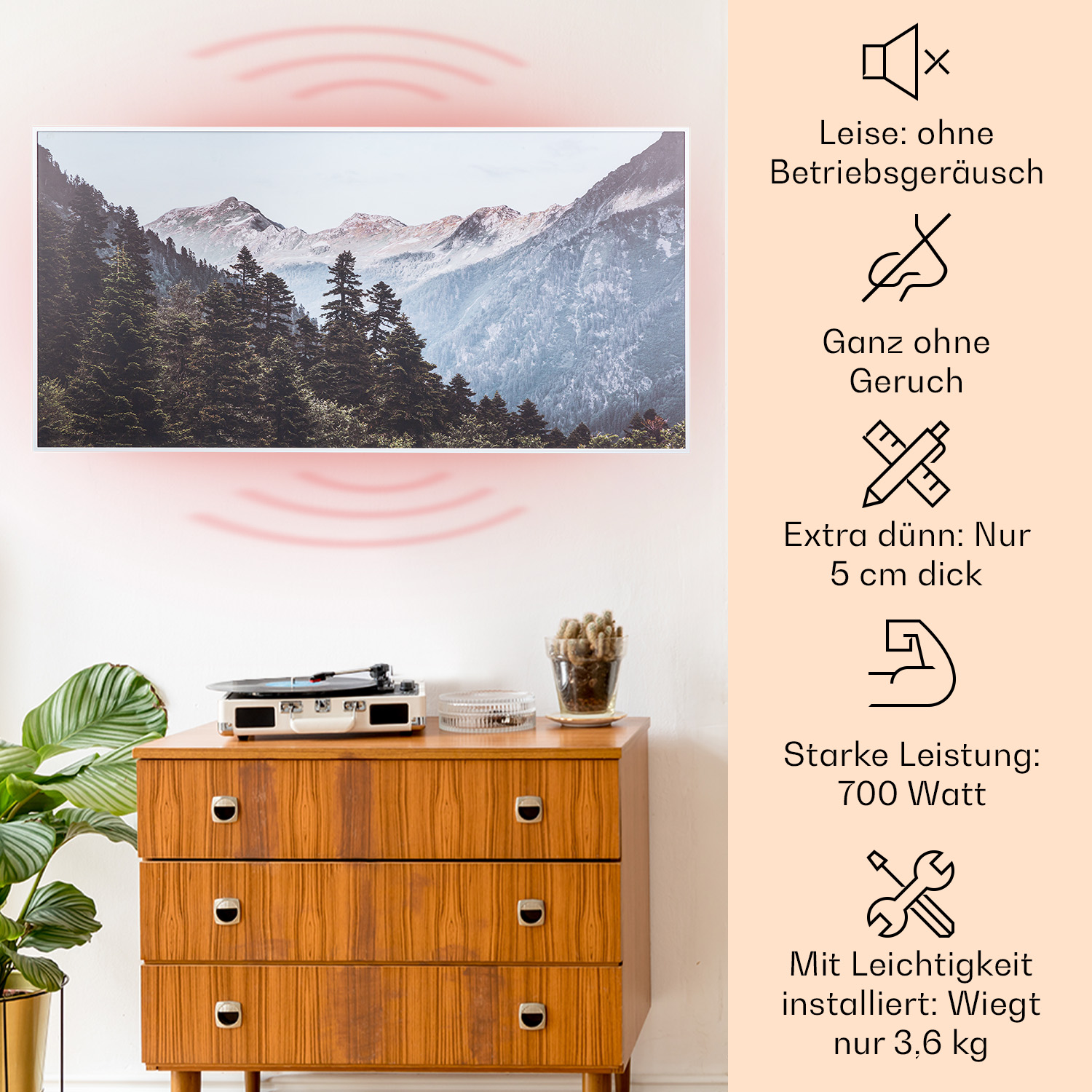 Opera d'arte di un paesaggio montano sopra un mobile in legno con giradischi e cactus.