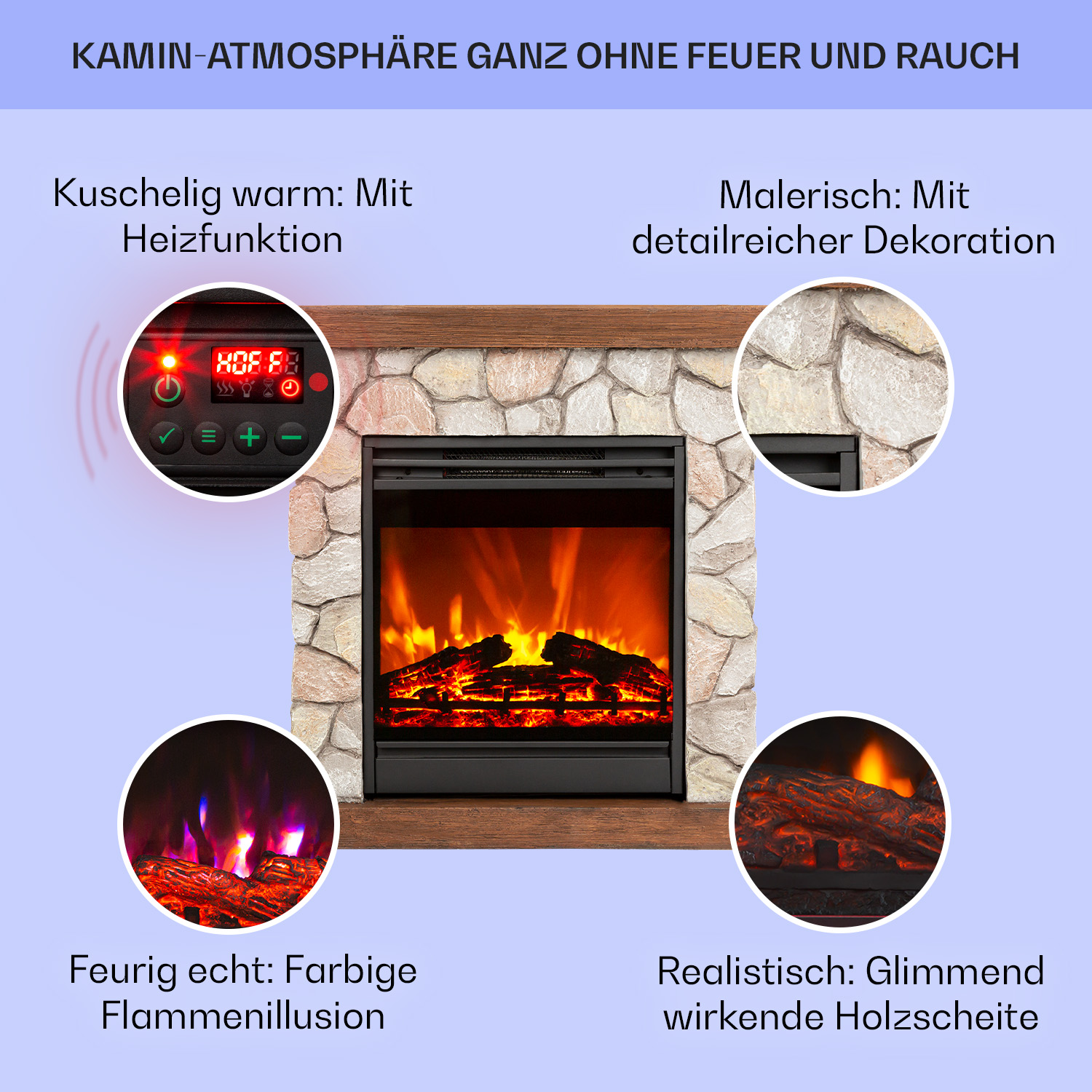 Elektrischer Kamin mit detailliertem Flammeneffekt und Heizfunktion.