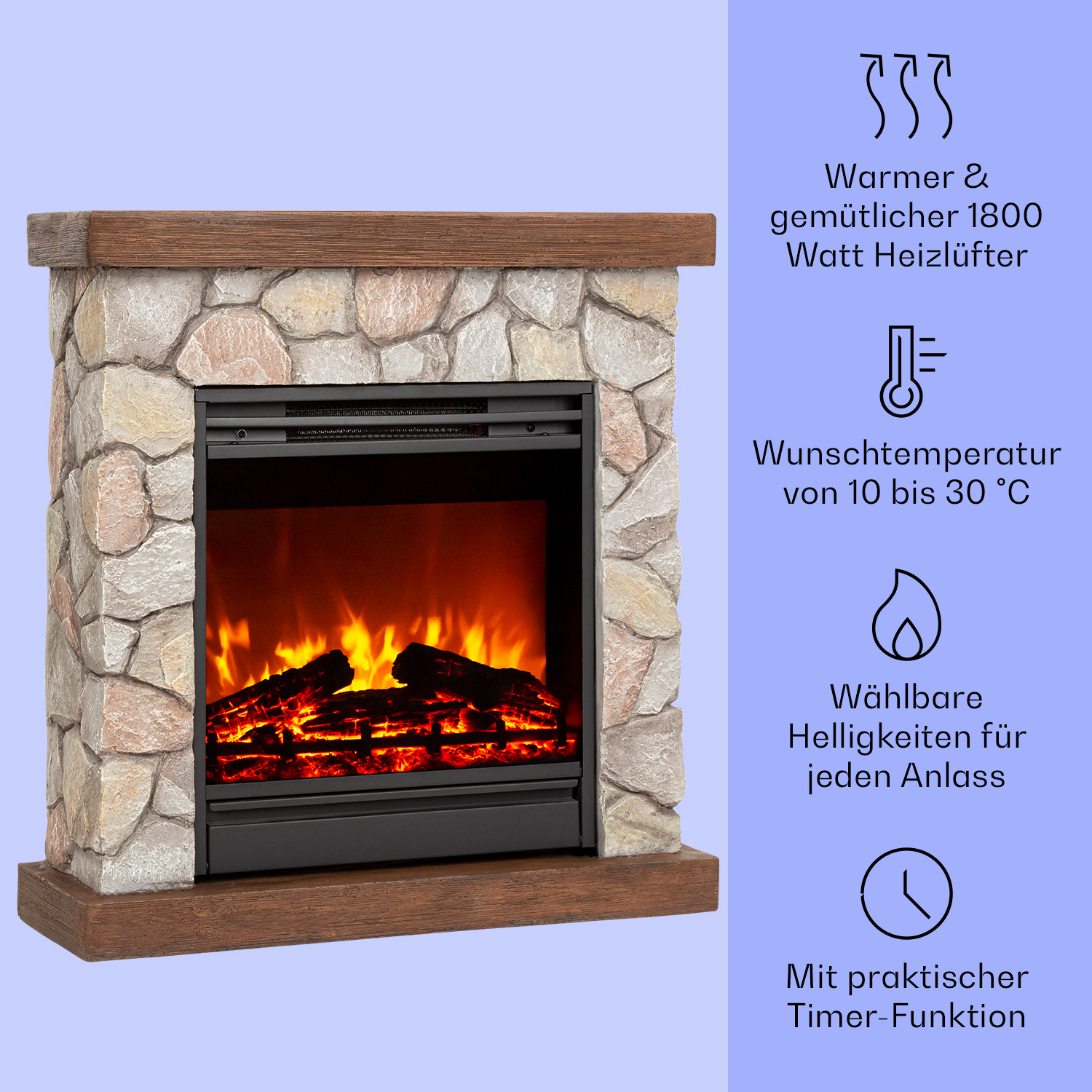 Elektrischer Kamin mit Flammen und steinartiger Fassade. Text beschreibt Merkmale.