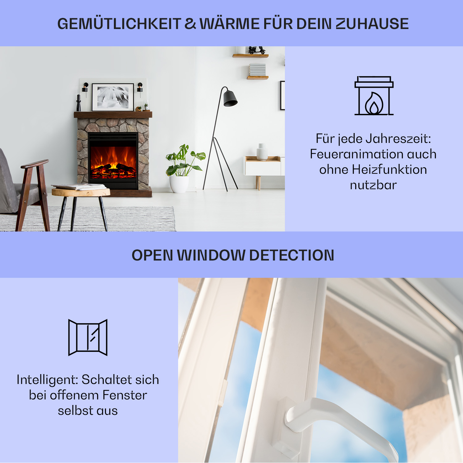 Ein Wohnzimmer mit Kamin, Fenster und Text über die Erkennung offener Fenster.