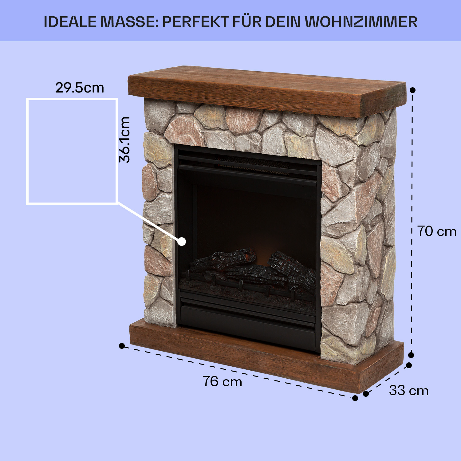 Ein Steinkamin mit Maßen. Er hat einen dunklen Innenraum und einen braunen Holzkamin.