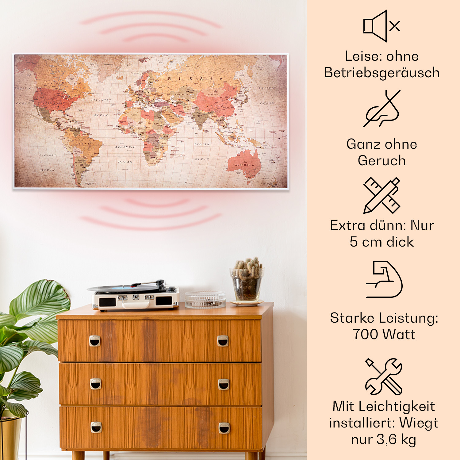 Arte della mappa del mondo su un muro. Sotto ci sono un giradischi vintage e un cassetto di legno.