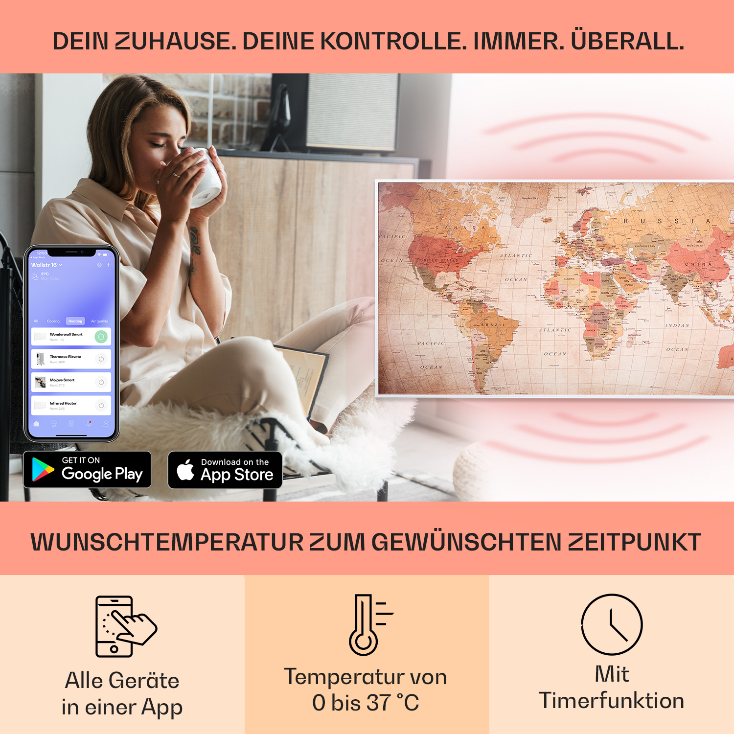 Donna beve da una tazza, guarda il telefono. Mappa, icone download app e testo sul controllo smart home.