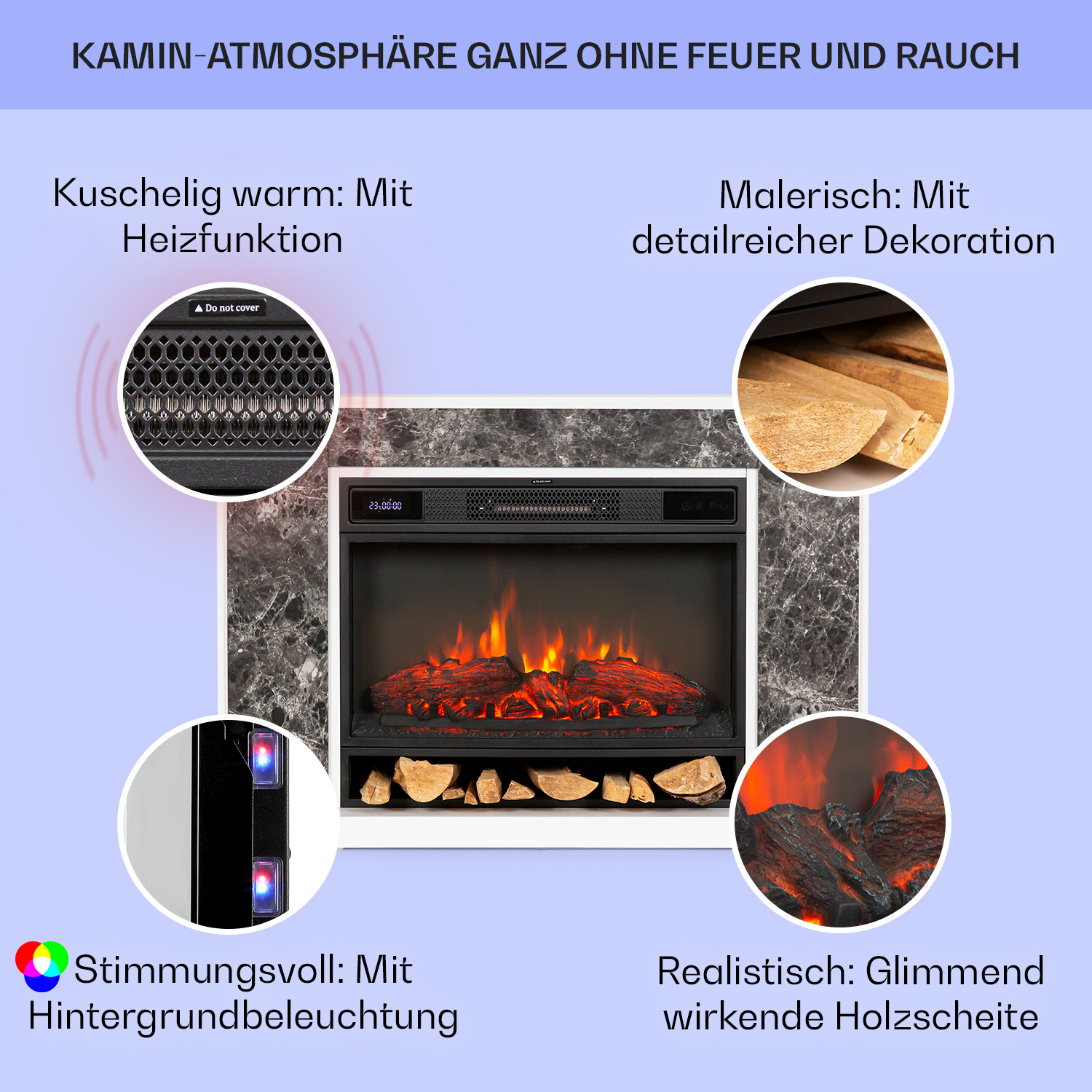 Ein Kamin mit realistisch aussehenden Flammen und dekorativen Holzscheiten, umgeben von deutschem Text.