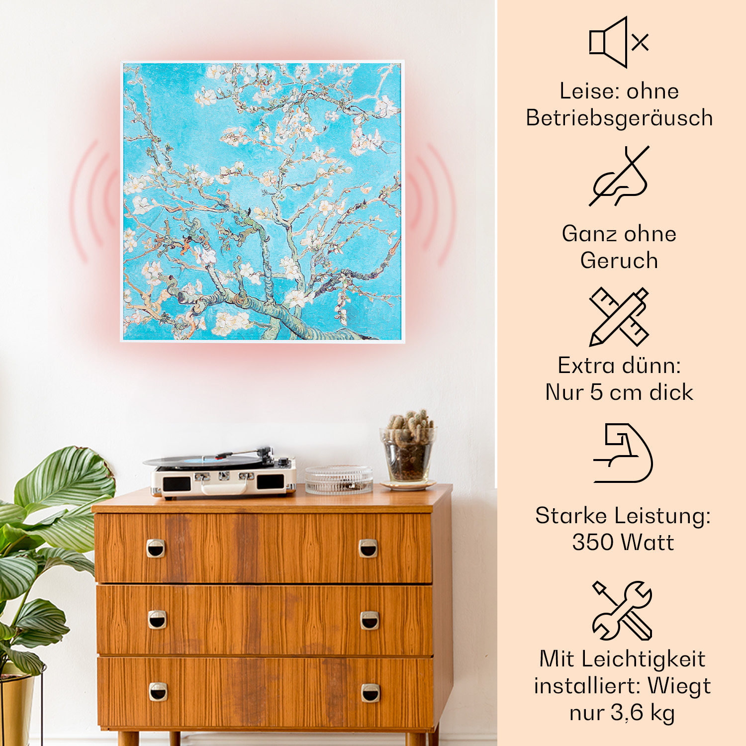 Ein gerahmtes Blumengemälde an einer Wand, mit Stereoanlage und Symbolen.
