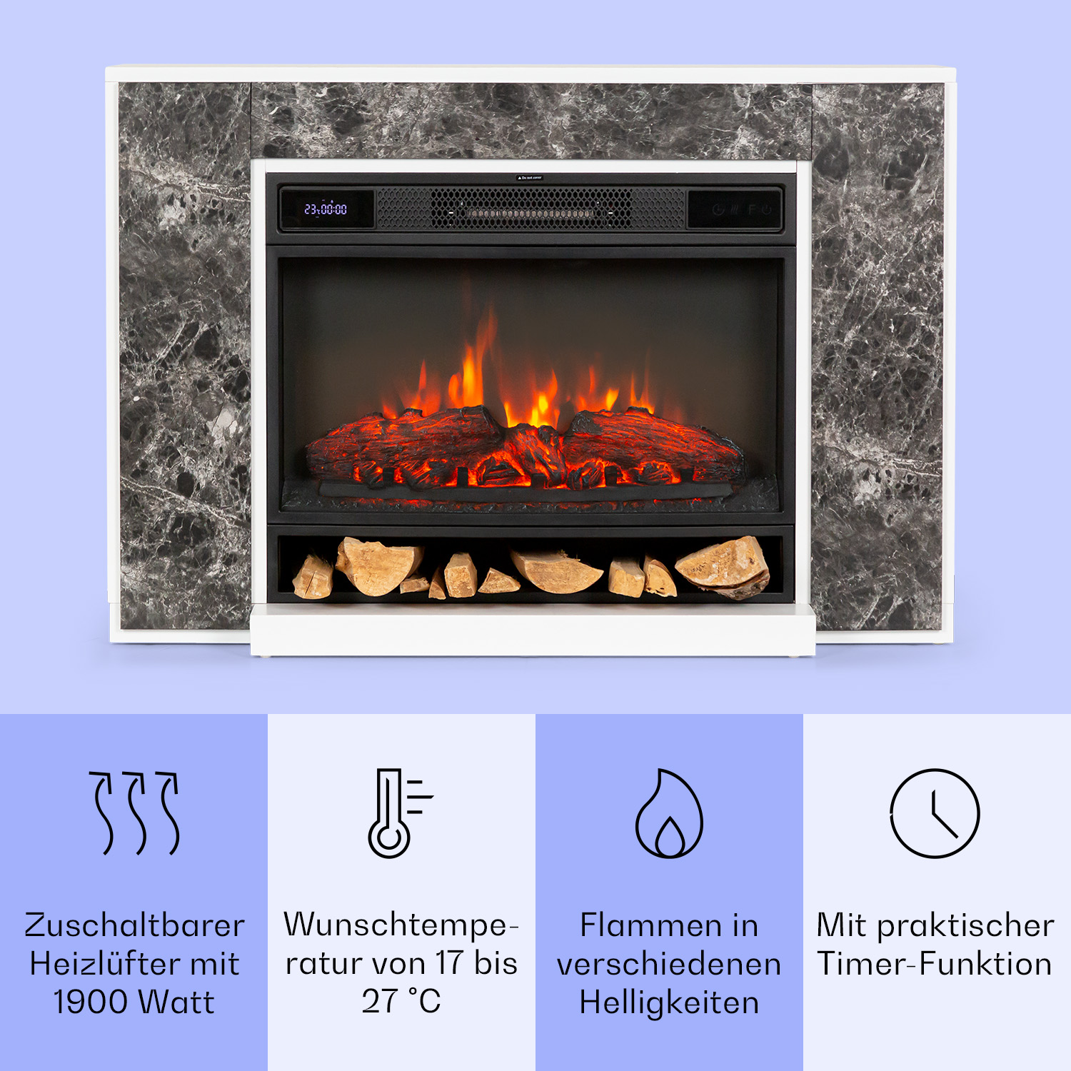 Elektrischer Kamin mit Flammen, Holzscheiten und weißem Rahmen. Eigenschaften: Heizung, Temperaturregelung, Timer, Flammen.