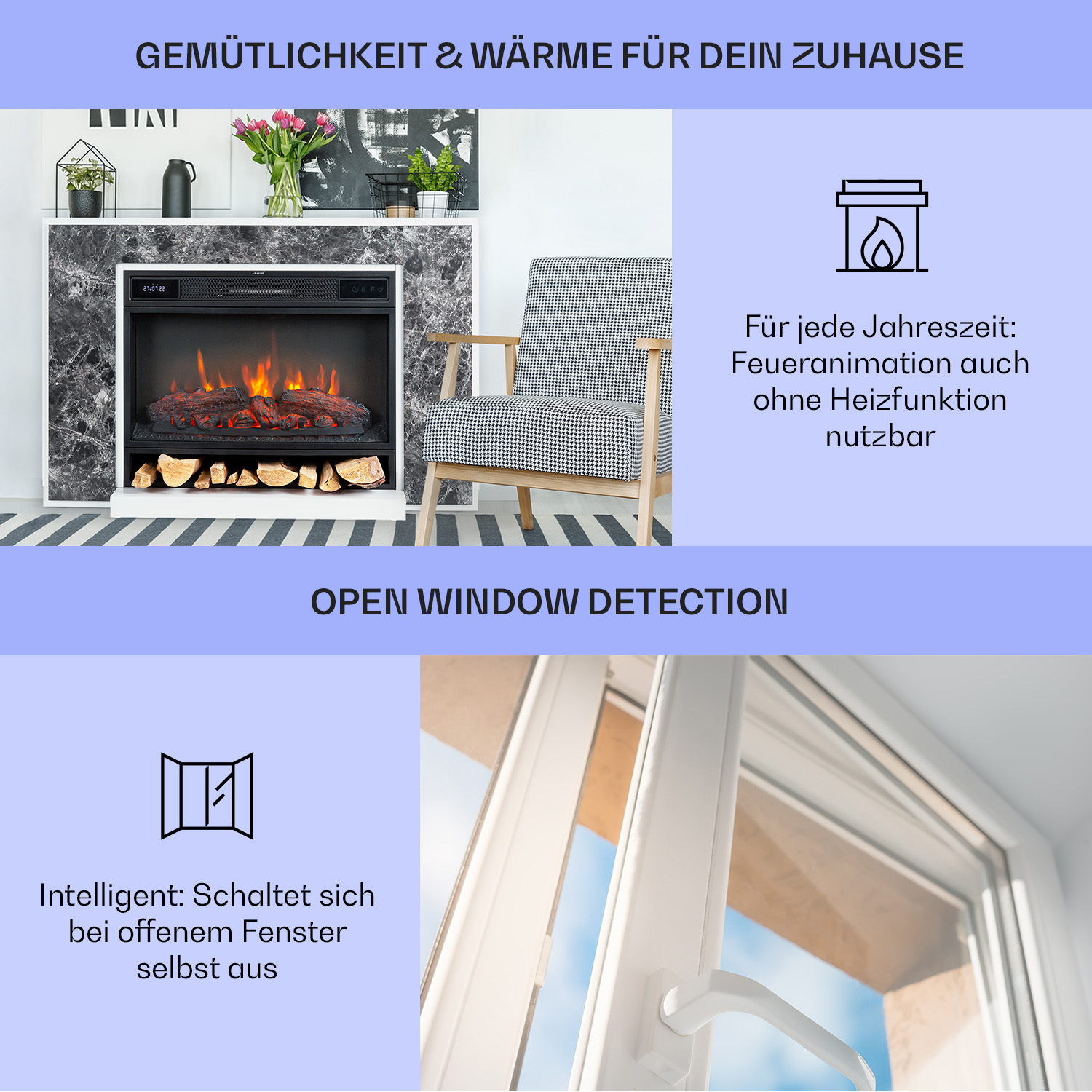 Text mit Kaminbild und offenem Fensterbild, mit Text.