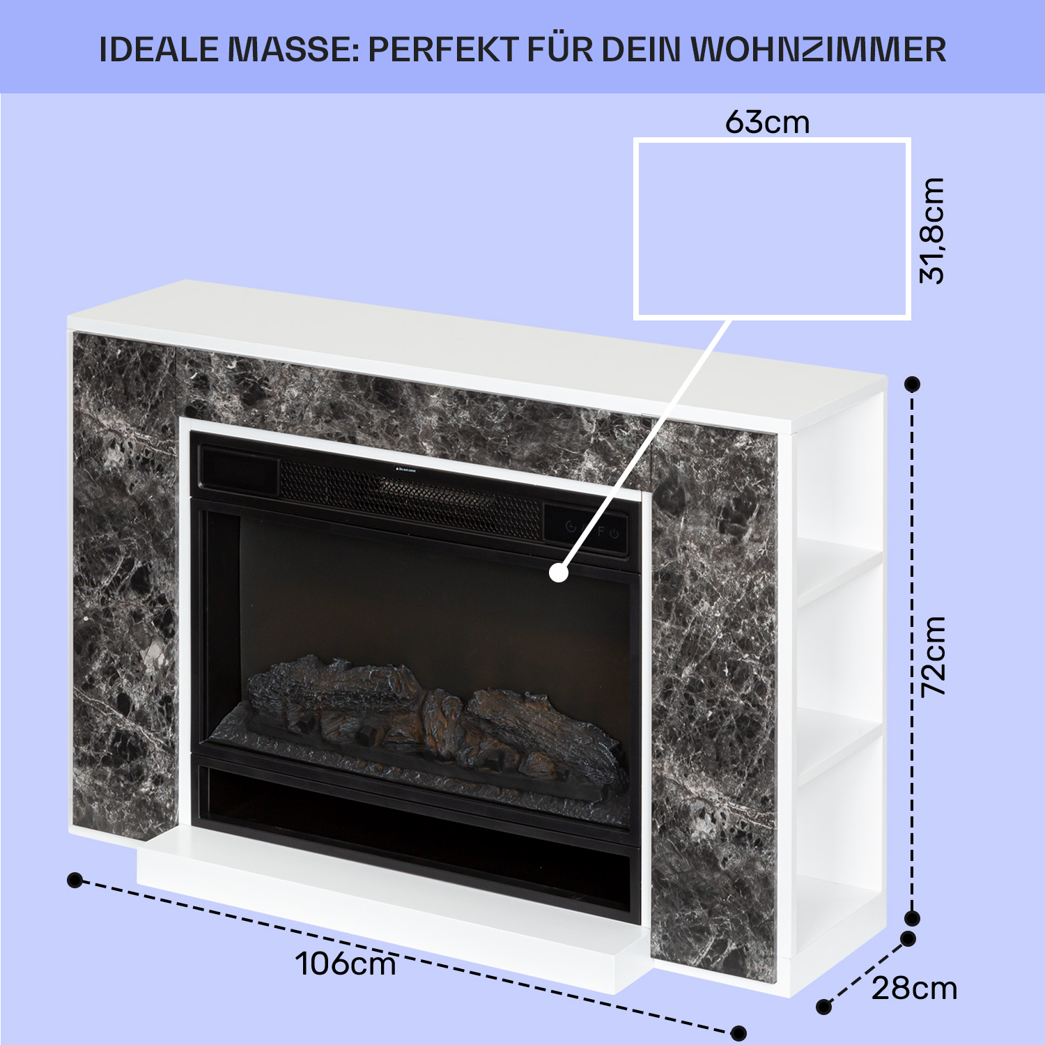 Ein weißer und marmorartiger Kamin mit Abmessungen, einschließlich Regalen.