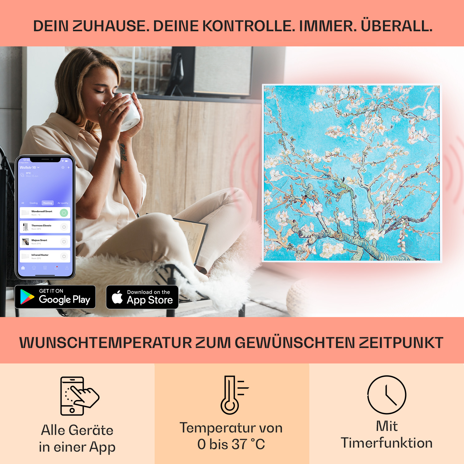 Frau mit Tasse, Telefon mit App, Blumen-Gemälde, Icons unten.