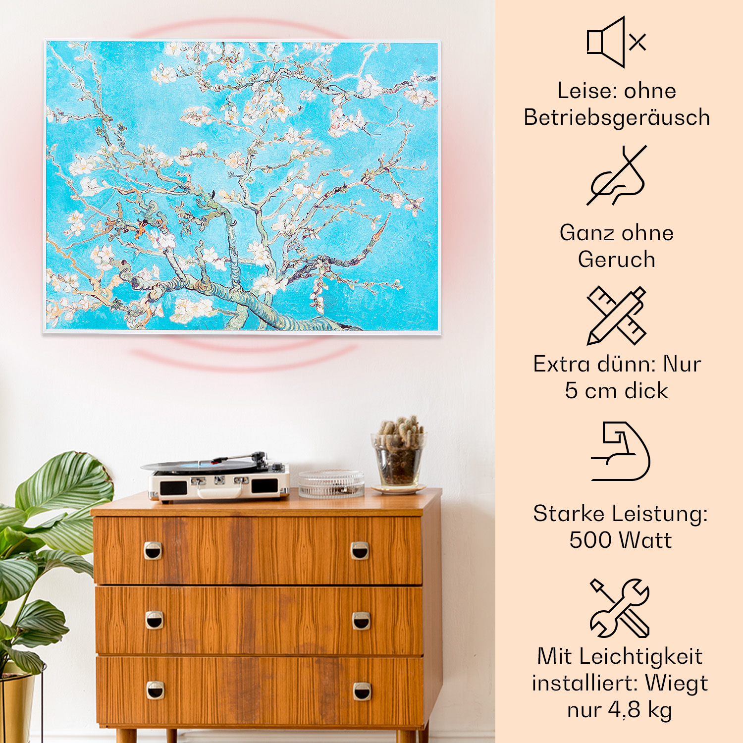 Dipinto di un albero con fiori bianchi su sfondo azzurro. Sotto, un comò in legno e un giradischi.