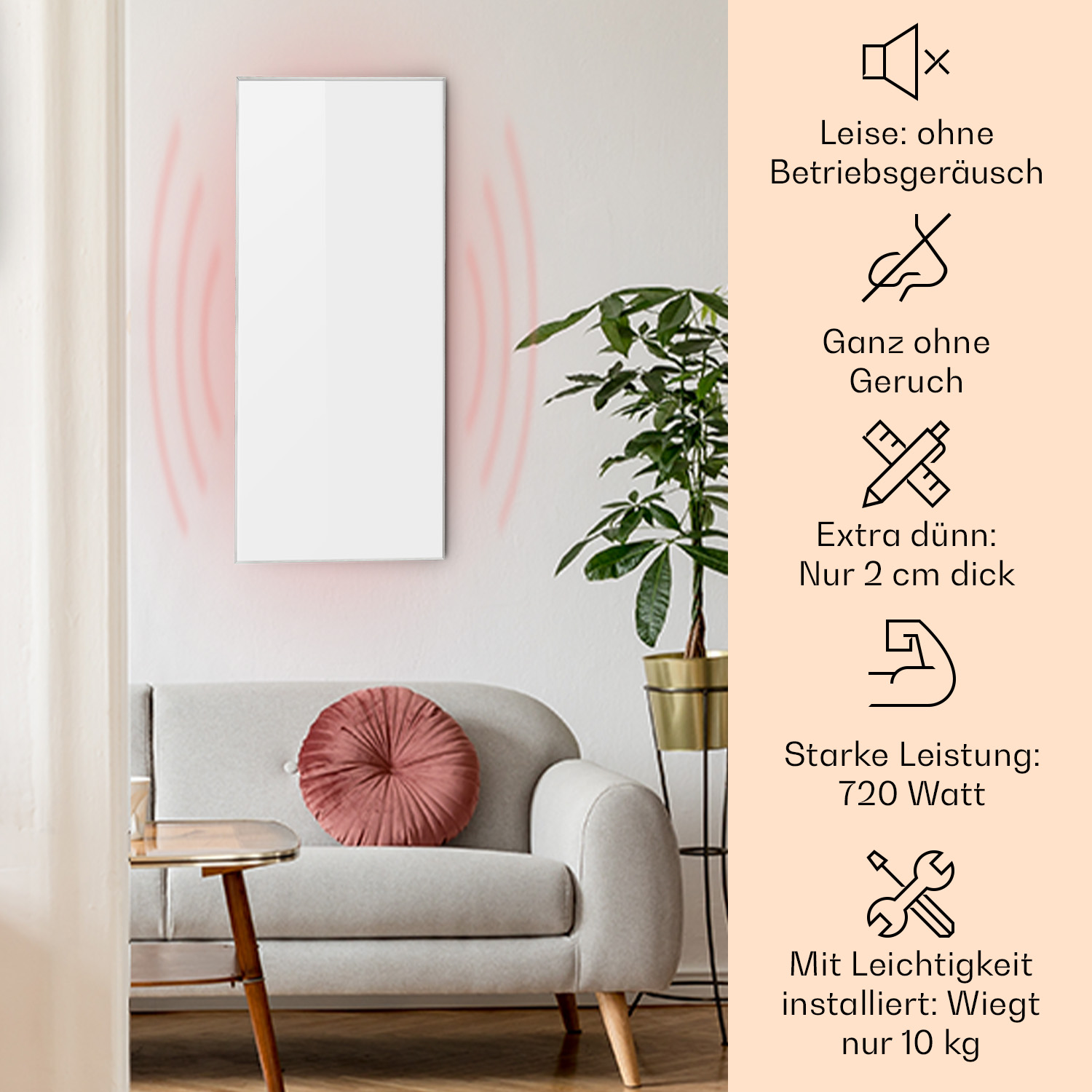 Ein weißer, an der Wand montierter Heizkörper sendet rote Wellen aus. Davor eine graue Couch mit pinkfarbenem Kissen.
