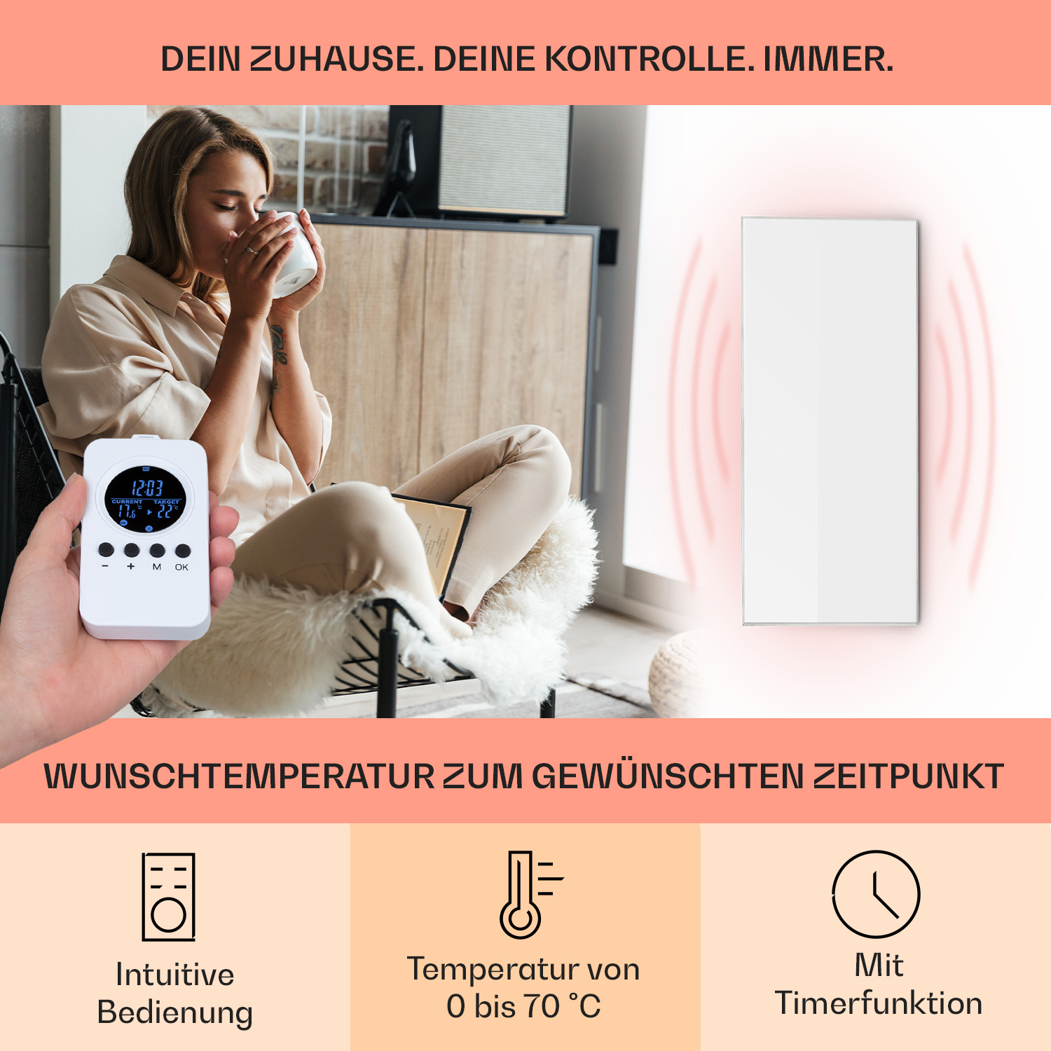Frau hält Fernbedienung, Heizung an der Wand, Symbole zeigen Temperatur- und Timer-Funktionen.