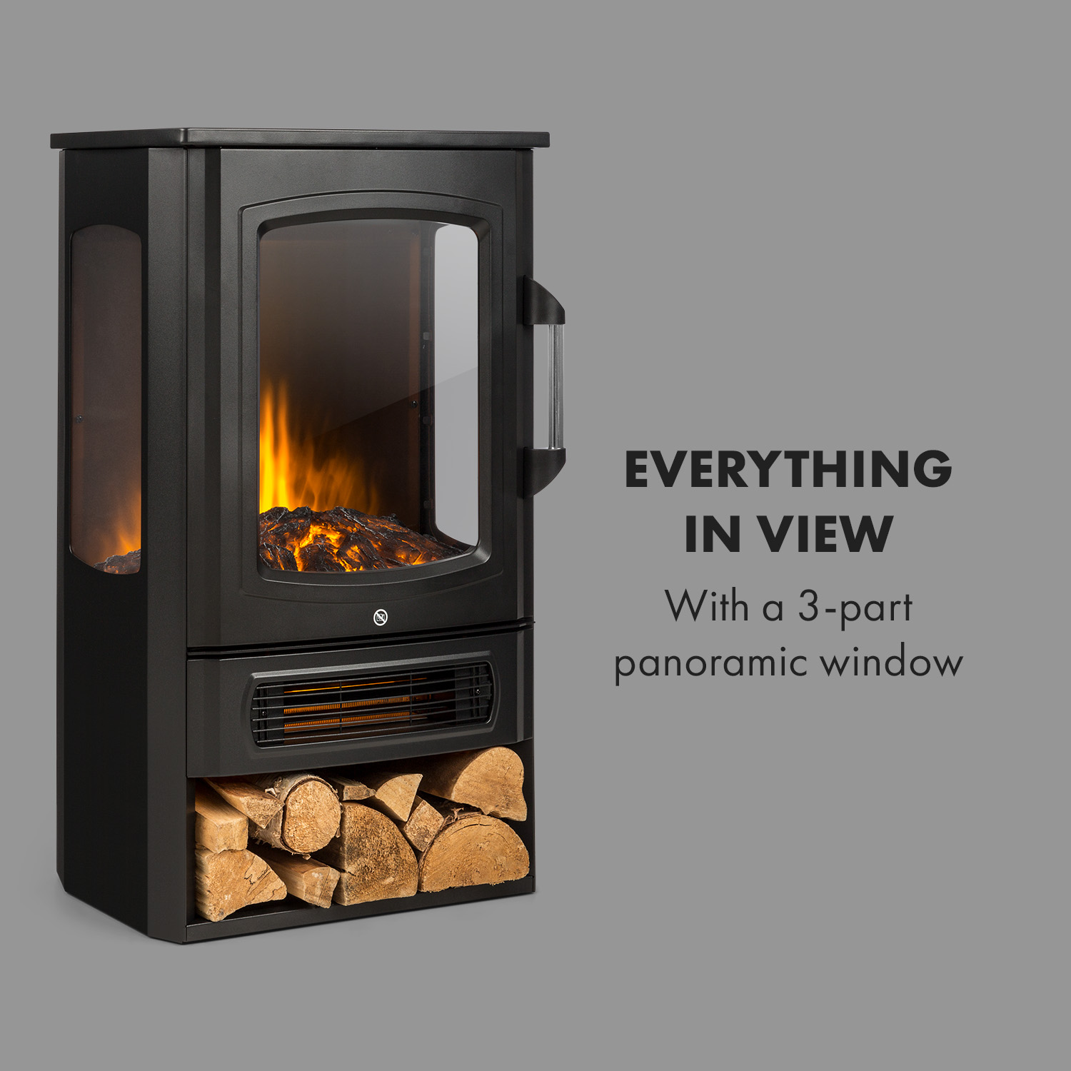 Un caminetto elettrico nero con finestra in vetro e ceppi di legno.