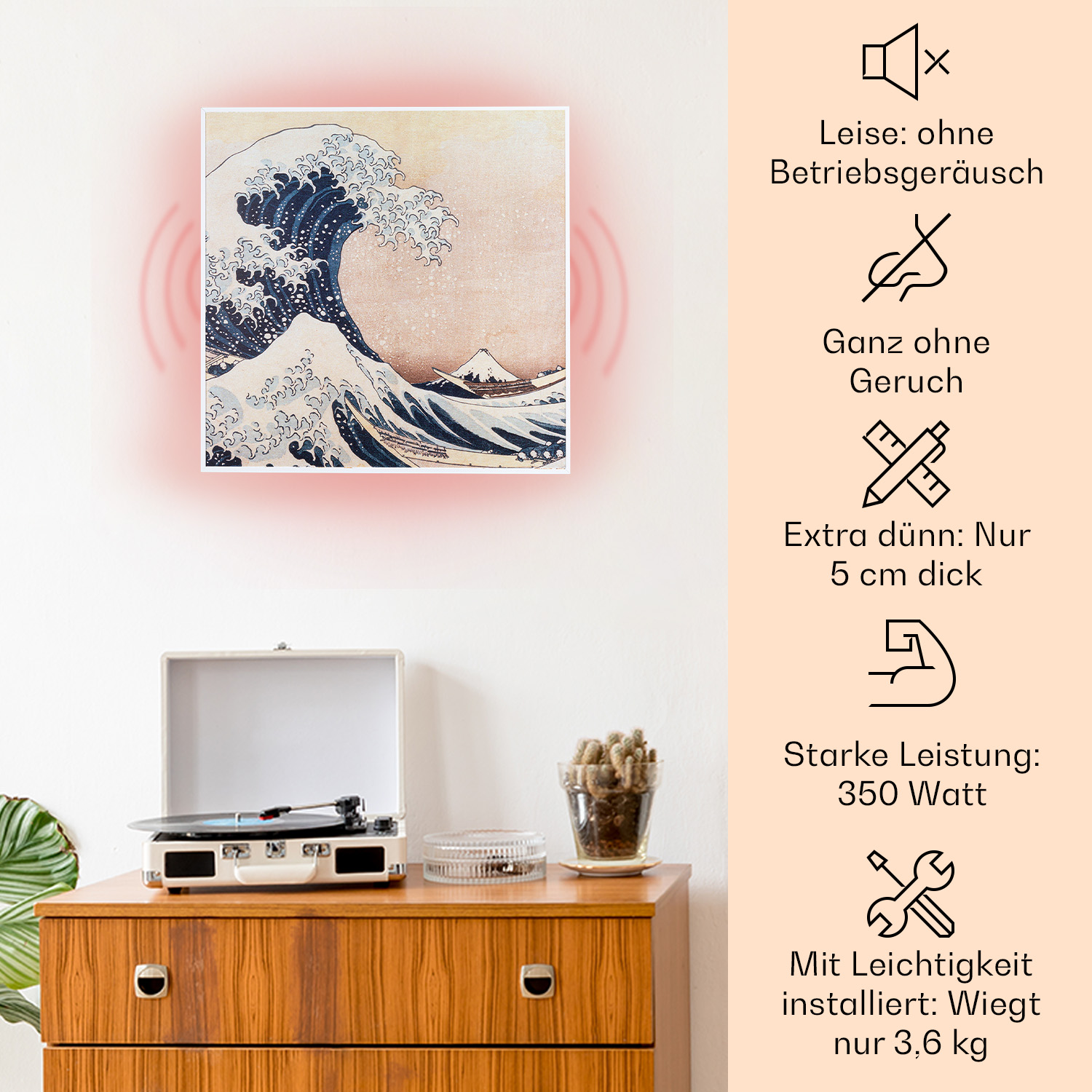 Kunstwerk einer Welle mit einem Berg im Hintergrund. Ein Plattenspieler und Dekoration sind sichtbar.