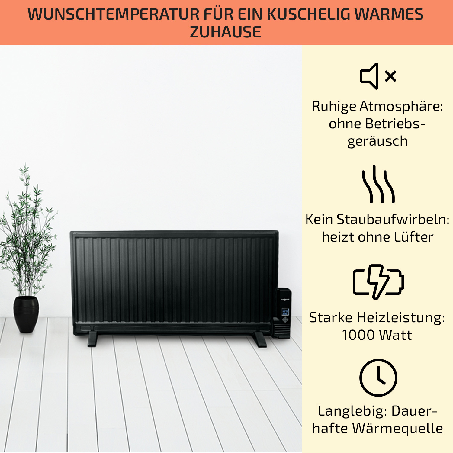 Schwarze elektrische Heizung mit Text und Symbolen.