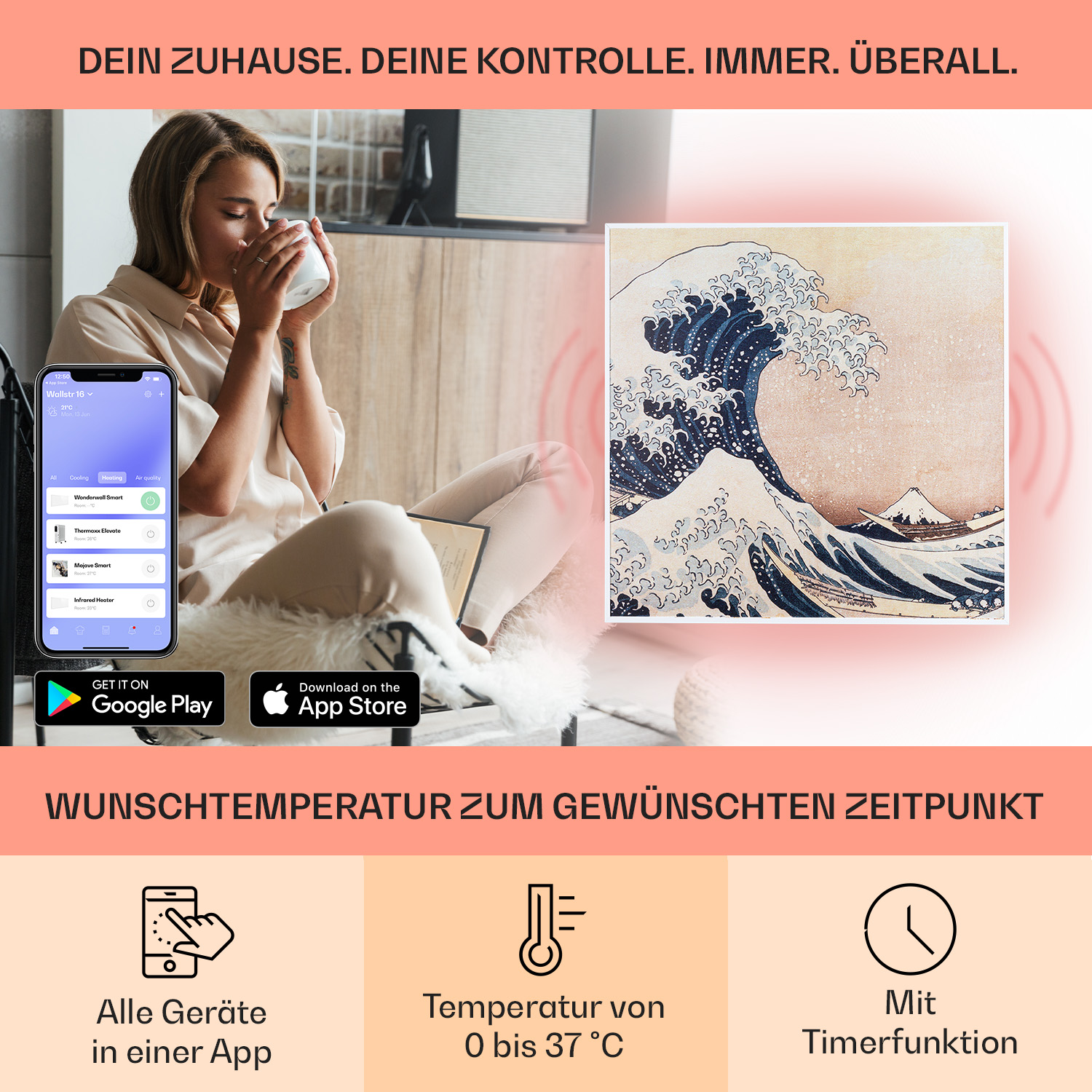 Frau trinkt, Telefon mit App und berühmtes japanisches Wellenbild. Texte: App-Steuerung, Temperatur, Timer.