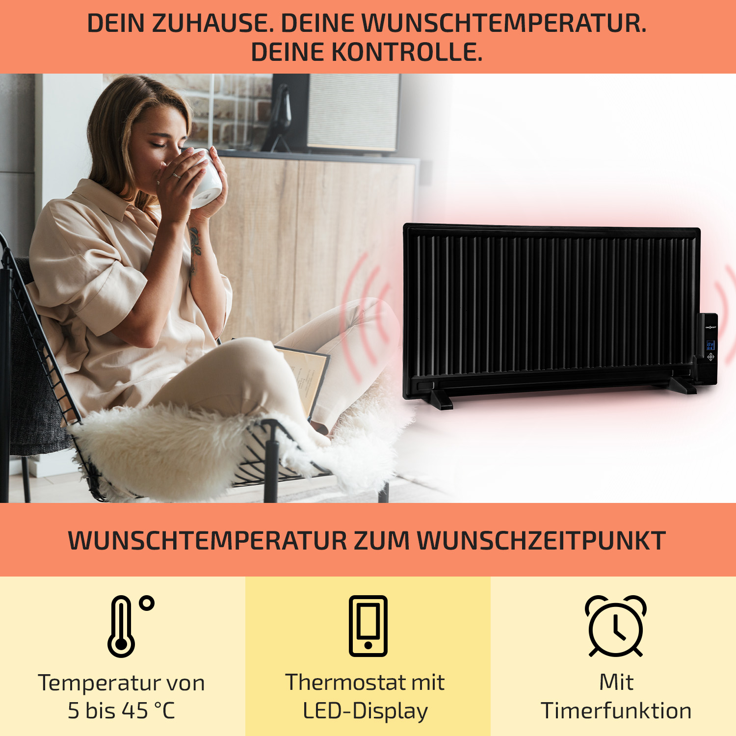 Frau trinkt aus einer Tasse, sitzt in der Nähe eines schwarzen Heizkörpers mit Display und Timerfunktion.