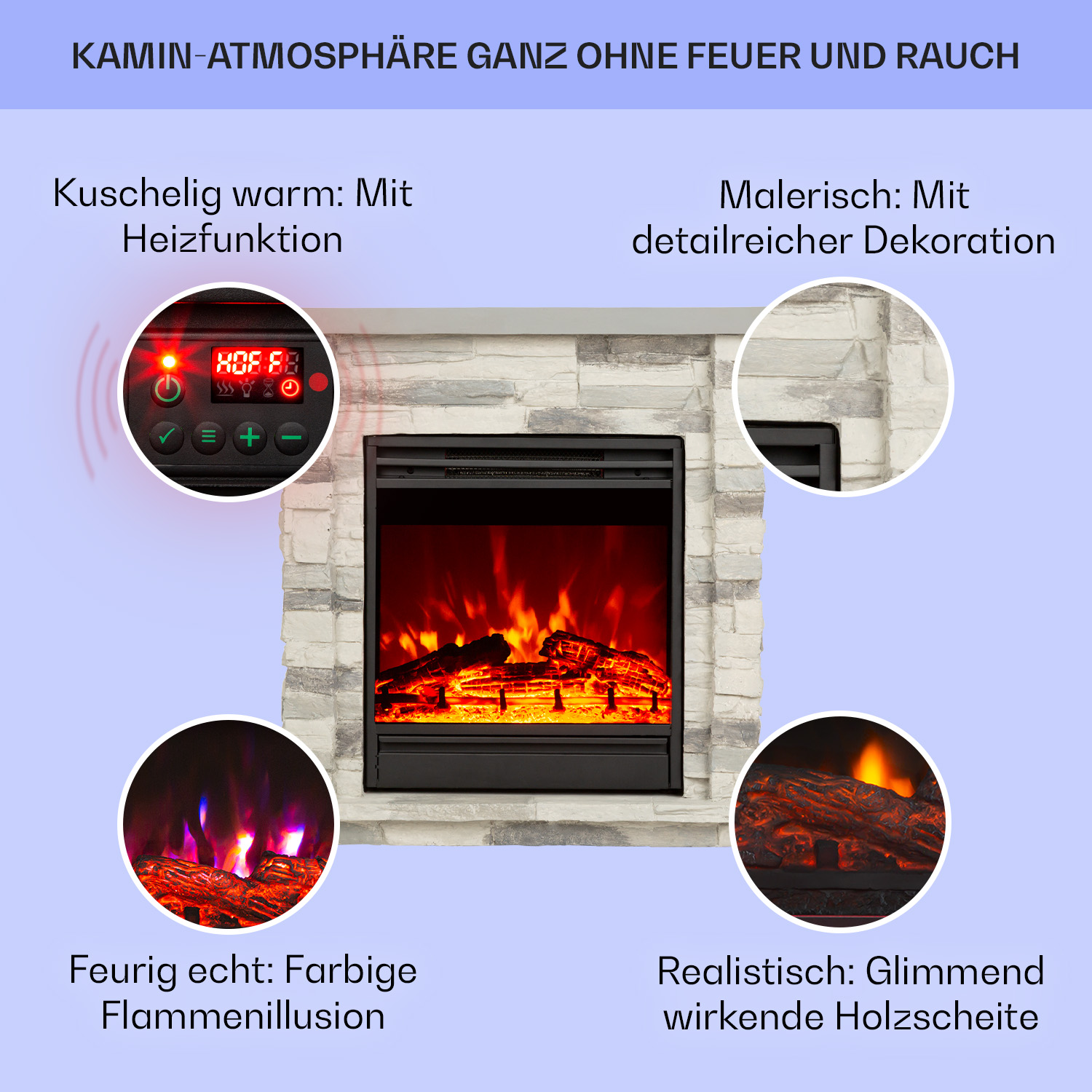 Ein Kamin mit Flammen. Text beschreibt Eigenschaften wie Wärme und realistische Flammen.