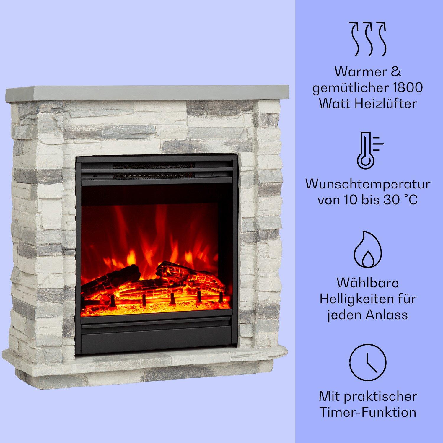 Kamin mit Steinaußen, zeigt brennende Holzscheite und Text über Funktionen.