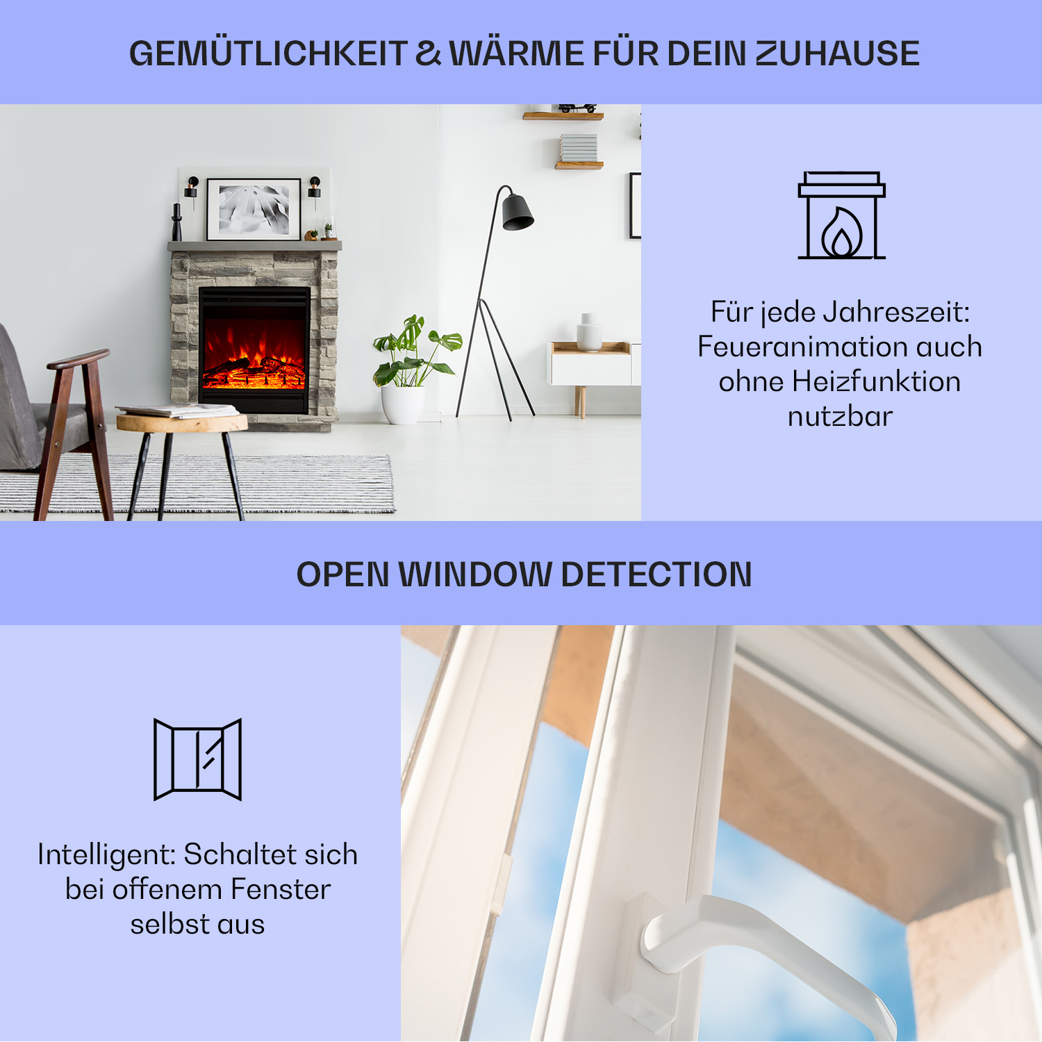 Kamin mit Feuereffekt. Ein Fenster mit weißem Rahmen. Text über die Erkennung offener Fenster.