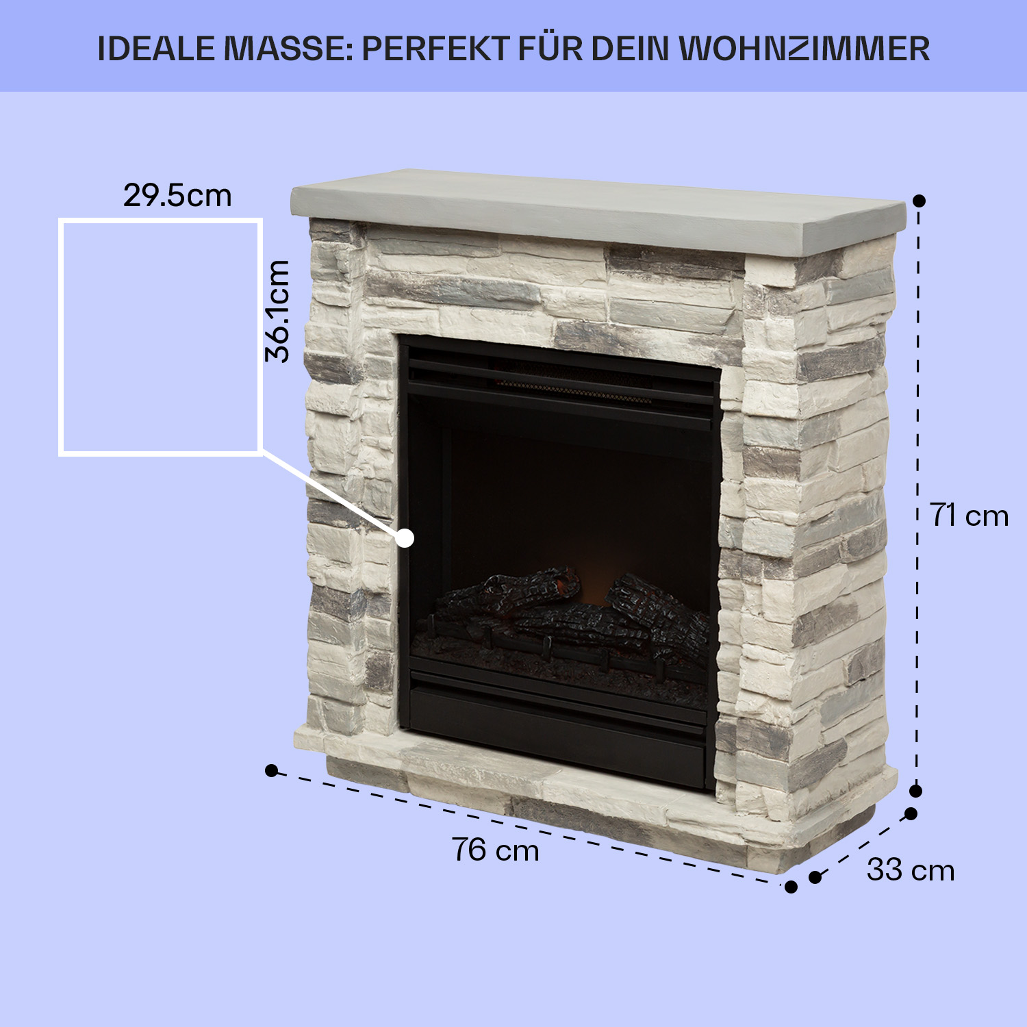 Ein Kamin in Steinoptik mit Maßen. Der Text oben lautet 'Ideal für Ihr Wohnzimmer'.
