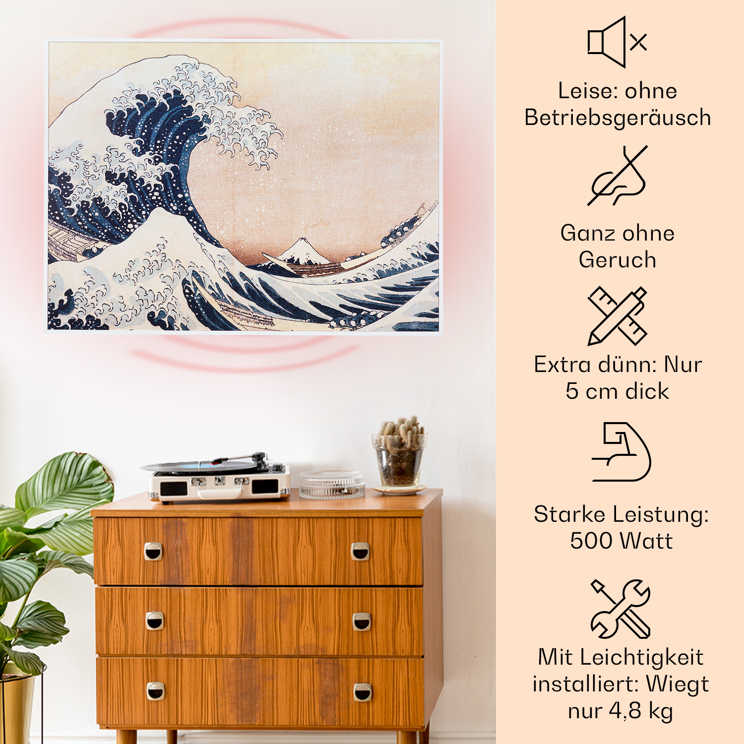 Kunstwerk einer Welle und des Fuji. Die Kunst ist in einem Rahmen, mit Symbolen rechts.