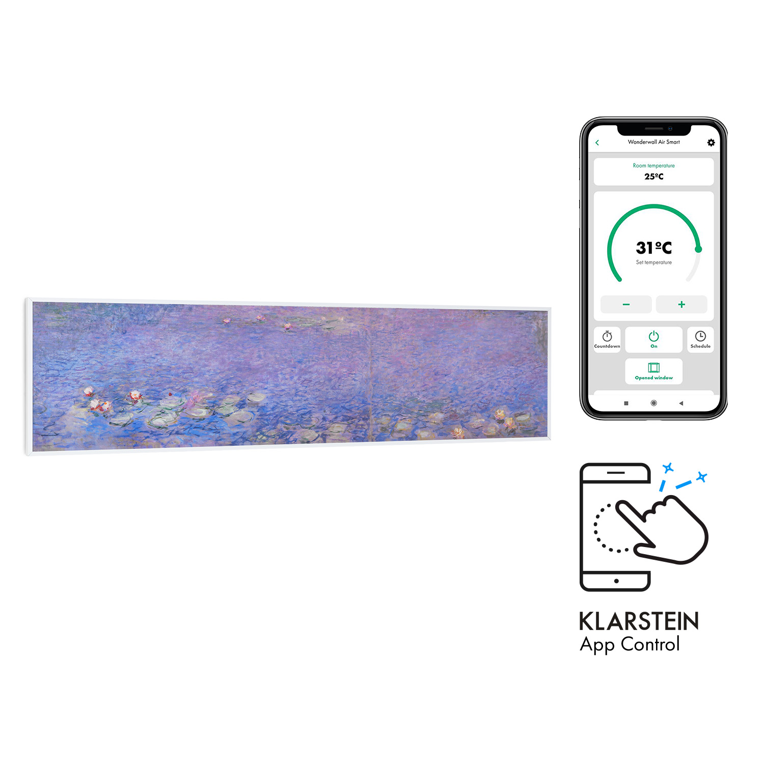 Ein weißer Wandheizkörper, ein Telefon mit App-Steuerung und ein Bild von Seerosen.