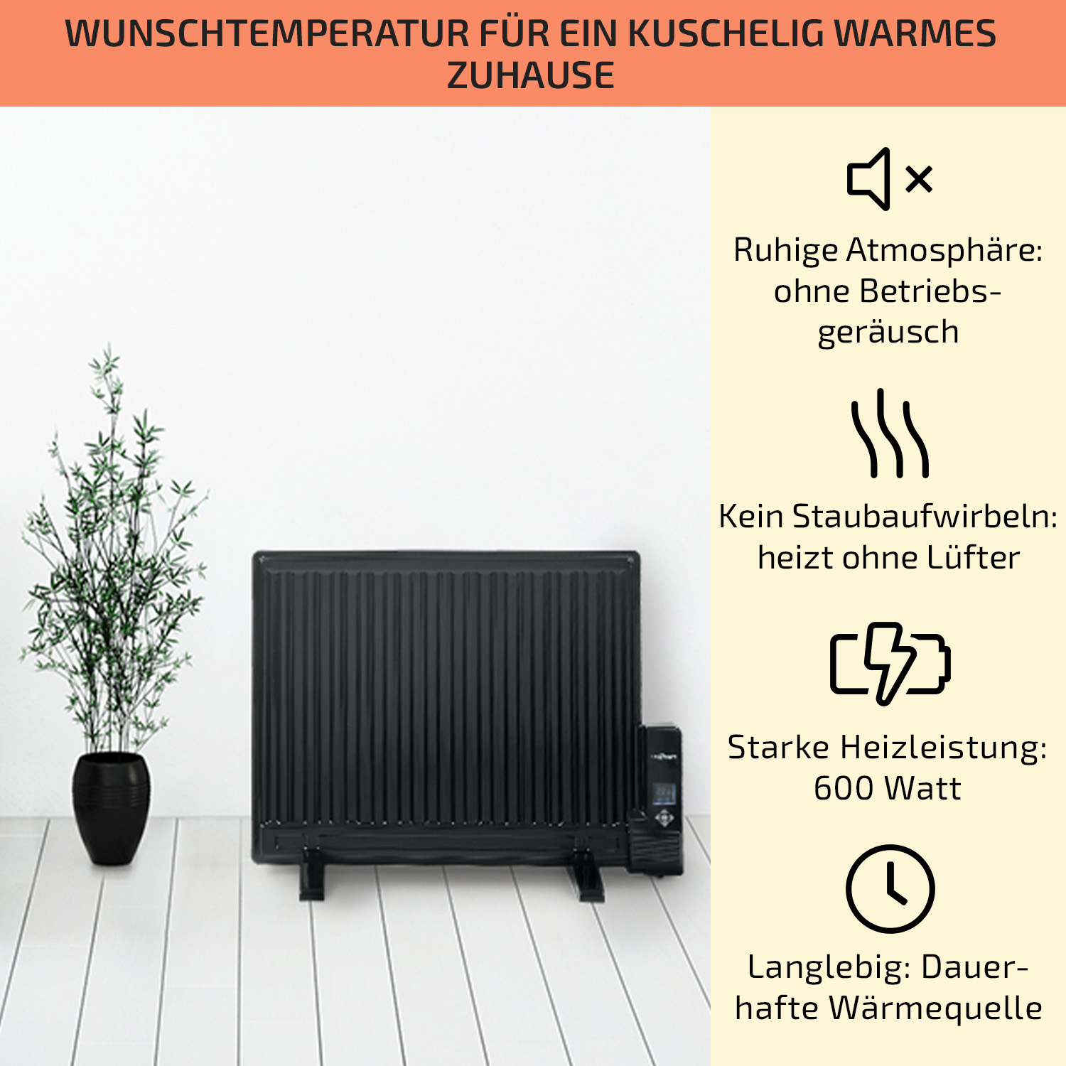 Schwarze Heizung mit Text und Symbolen, die Funktionen zeigen: kein Lärm, kein Staub, 600W Leistung, langlebig.