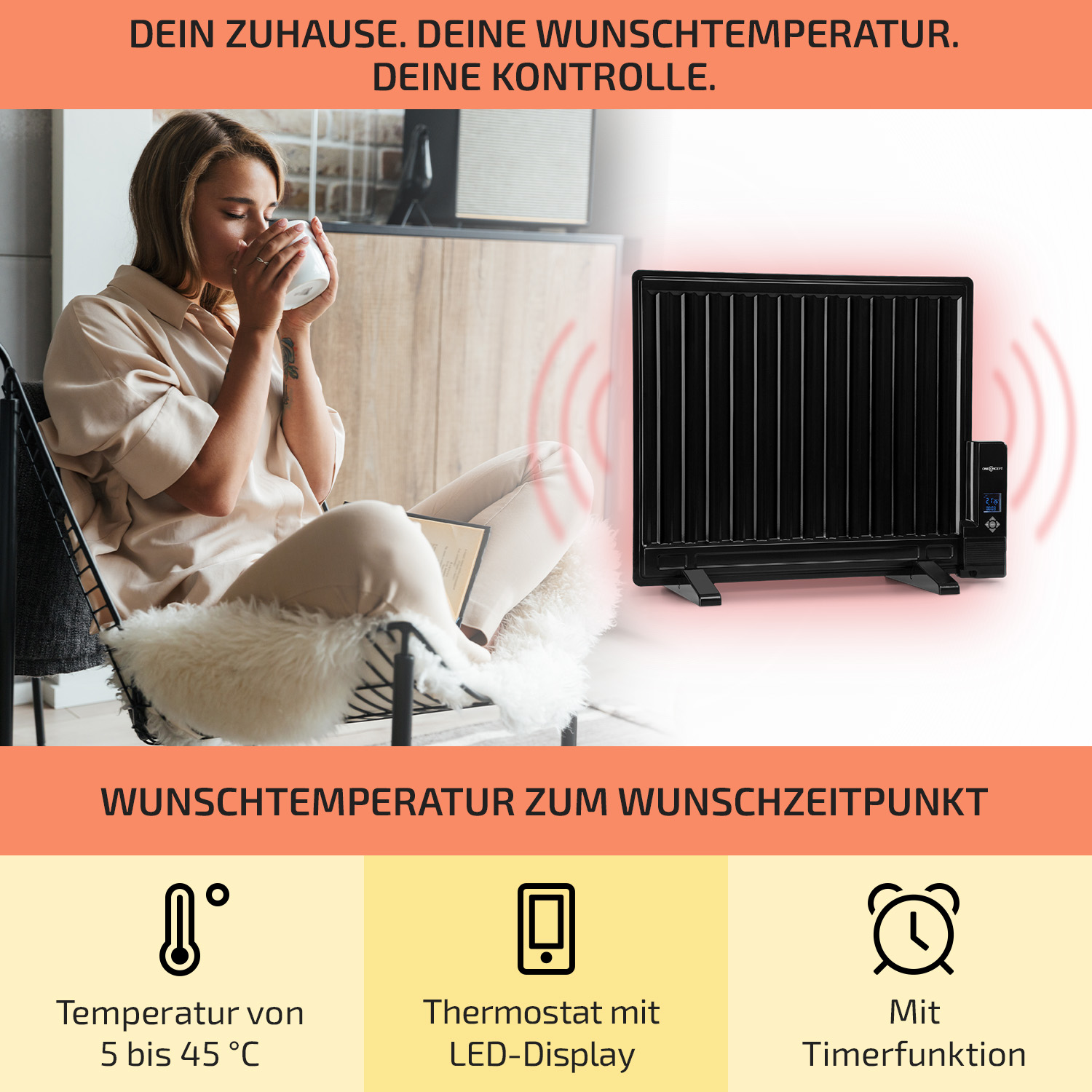 Frau mit Tasse neben schwarzem Heizgerät. Text: 'DEIN ZUHAUSE'. Symbole für Temperatur, Display und Timer.