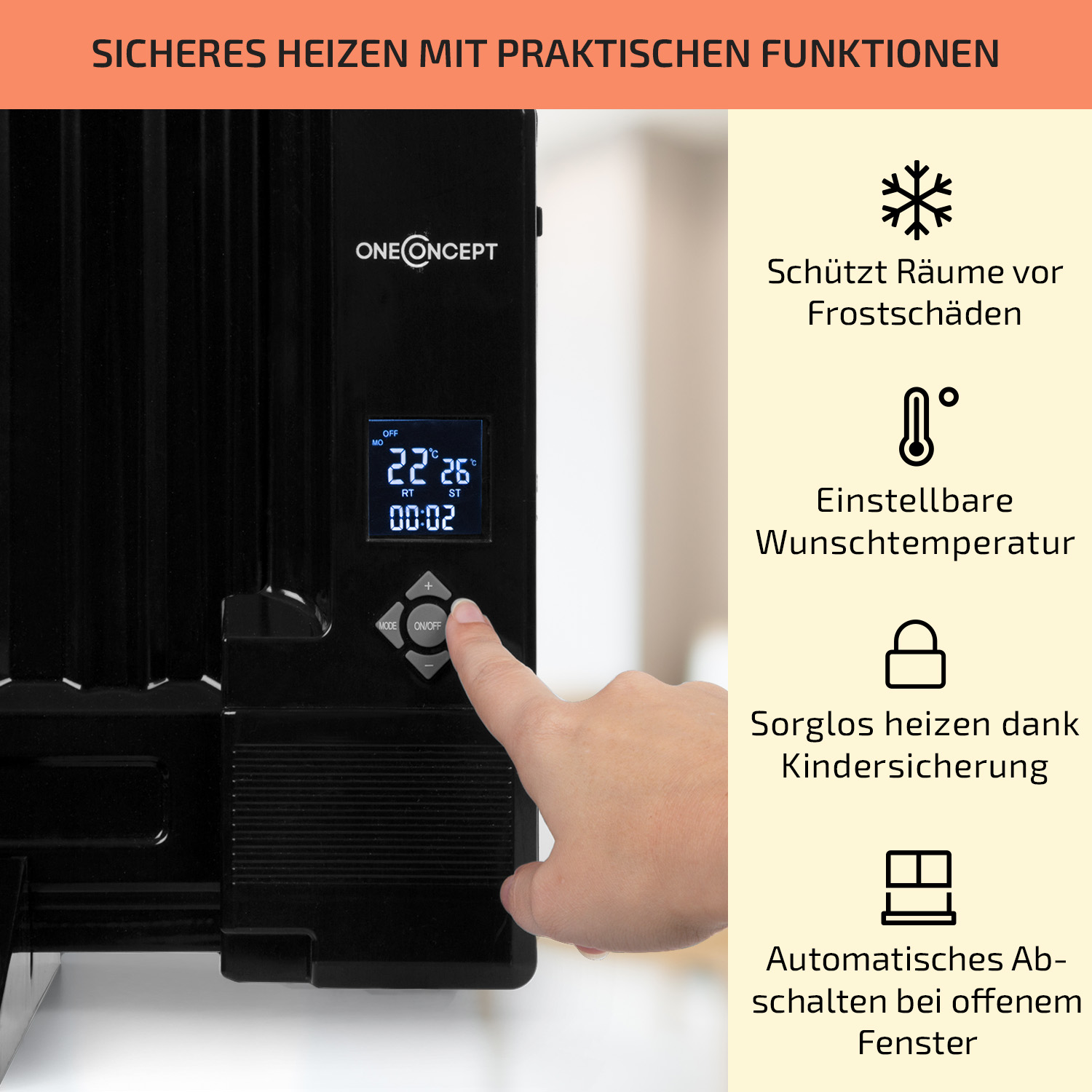 Schwarze Elektroheizung mit Hand, die Einstellungen vornimmt. Text und Symbole sichtbar.