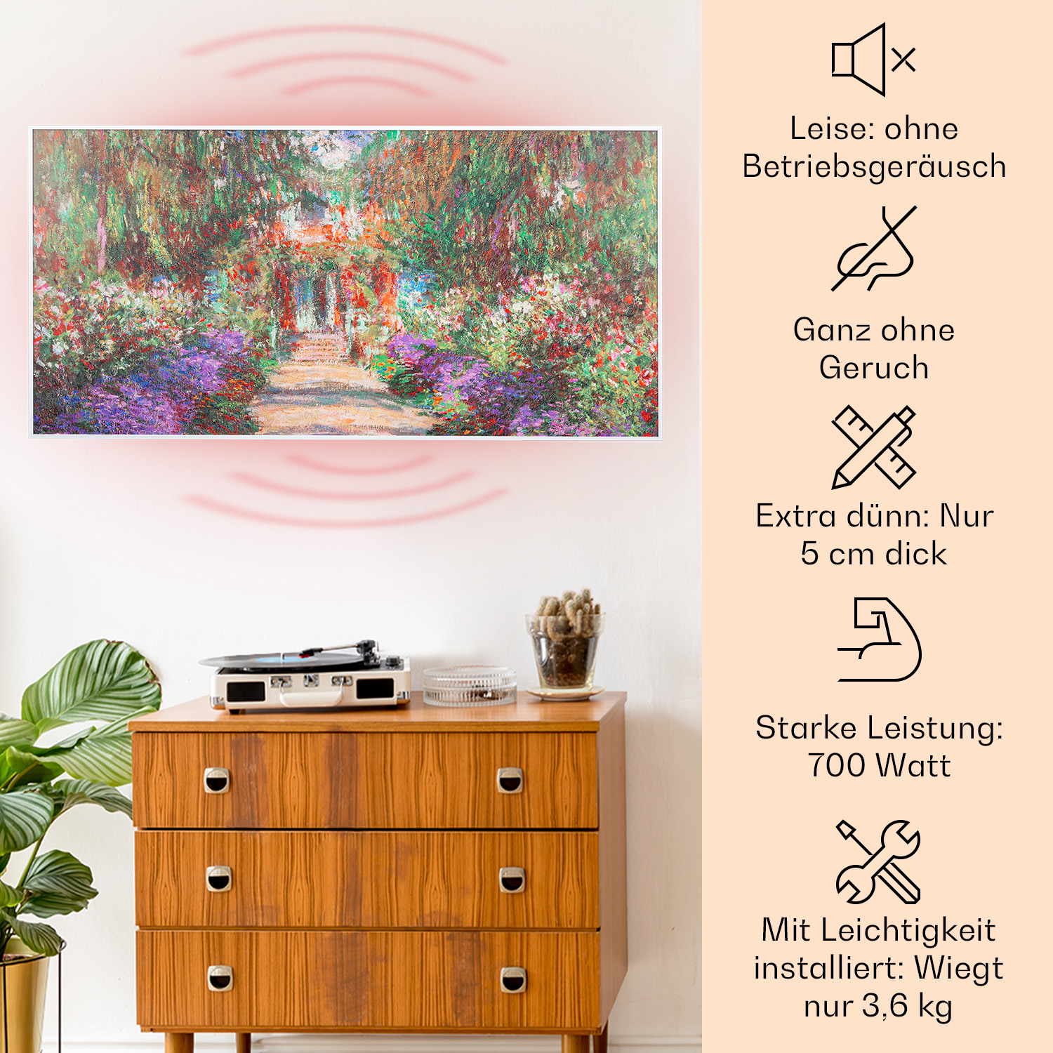 Kunstwerk an der Wand über einem Holzschrank mit Plattenspieler und Symbolen mit Text.