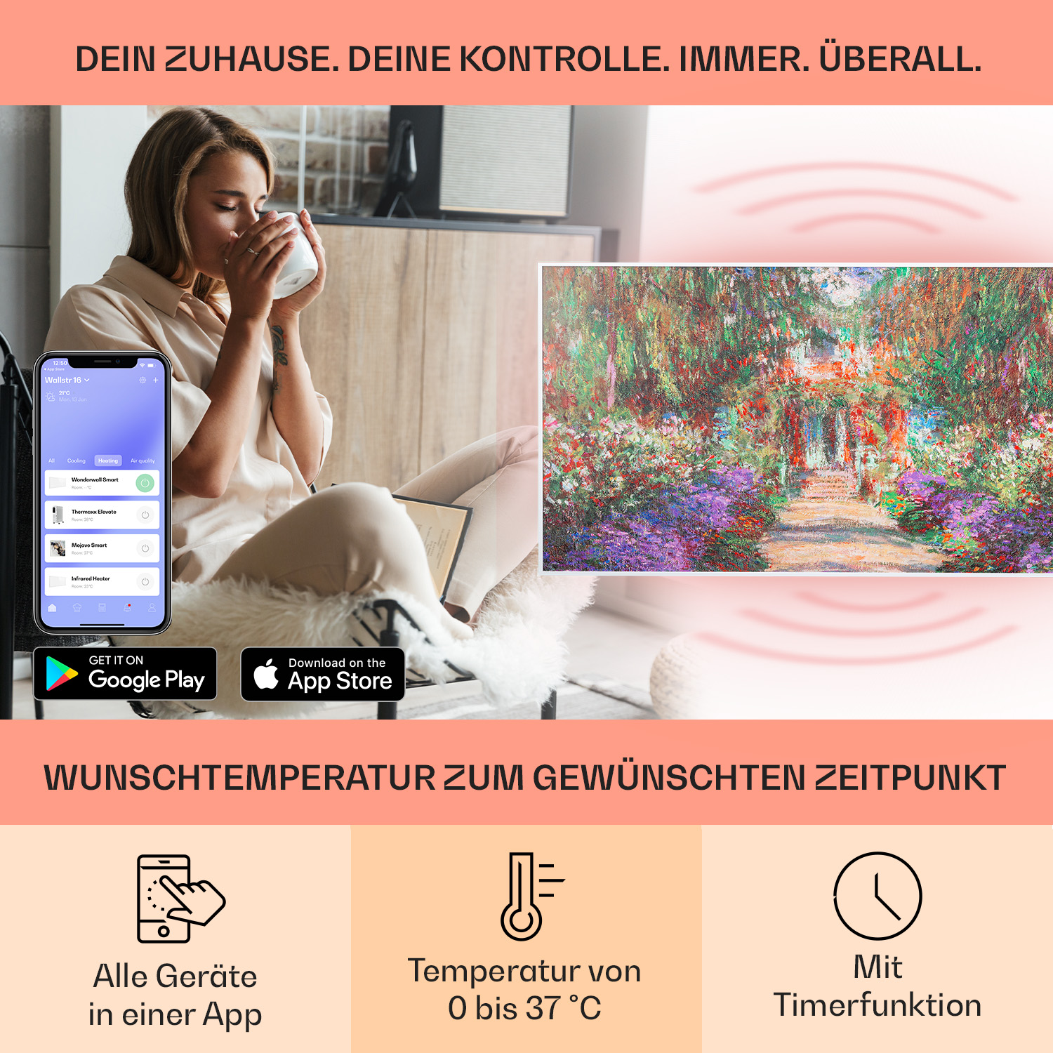 Frau trinkt aus einer Tasse, hält Telefon mit Smart-Home-App. Gemälde an der Wand. Texte und Symbole darunter.